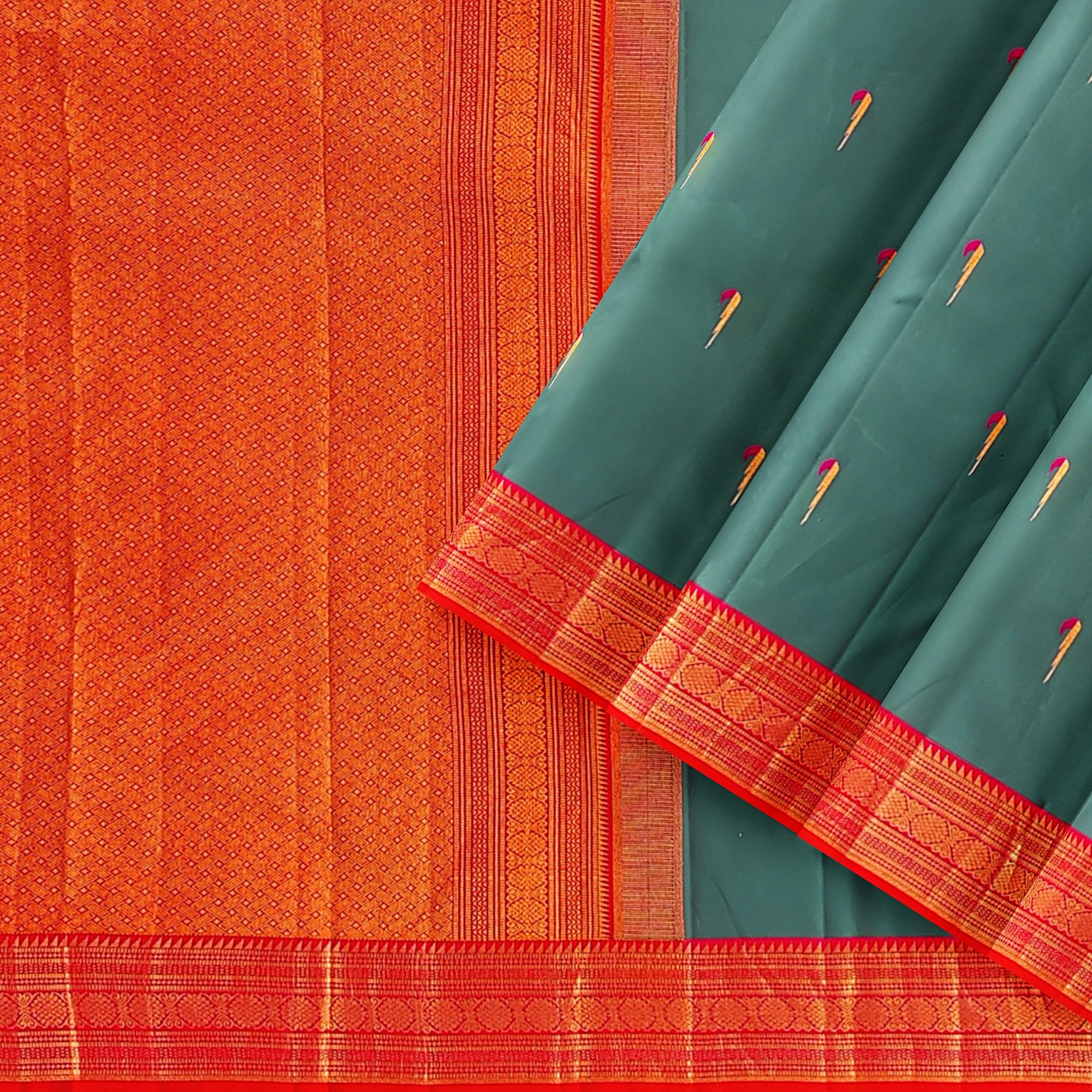Peacock Green Kanjivaram Silk Saree with Paithani Body and Orange Zari Border – Luxurious Handloom Saree Online - New Sudarshan Silks`
