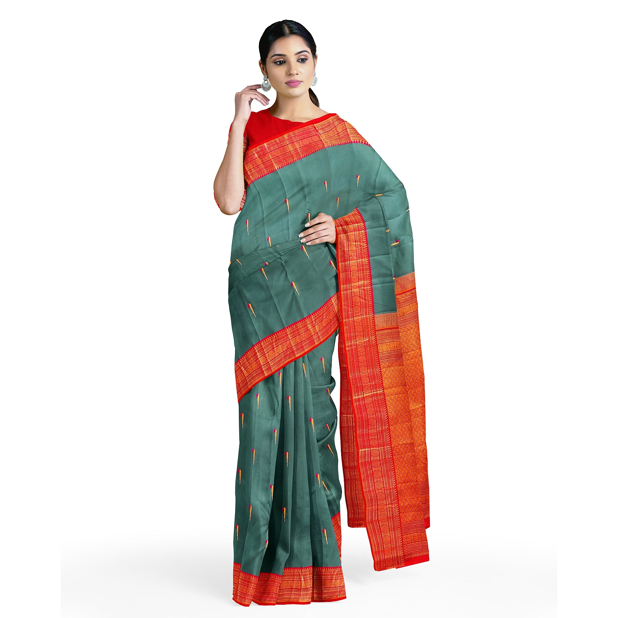 Peacock Green Kanjivaram Silk Saree with Paithani Body and Orange Zari Border – Luxurious Handloom Saree Online - New Sudarshan Silks`