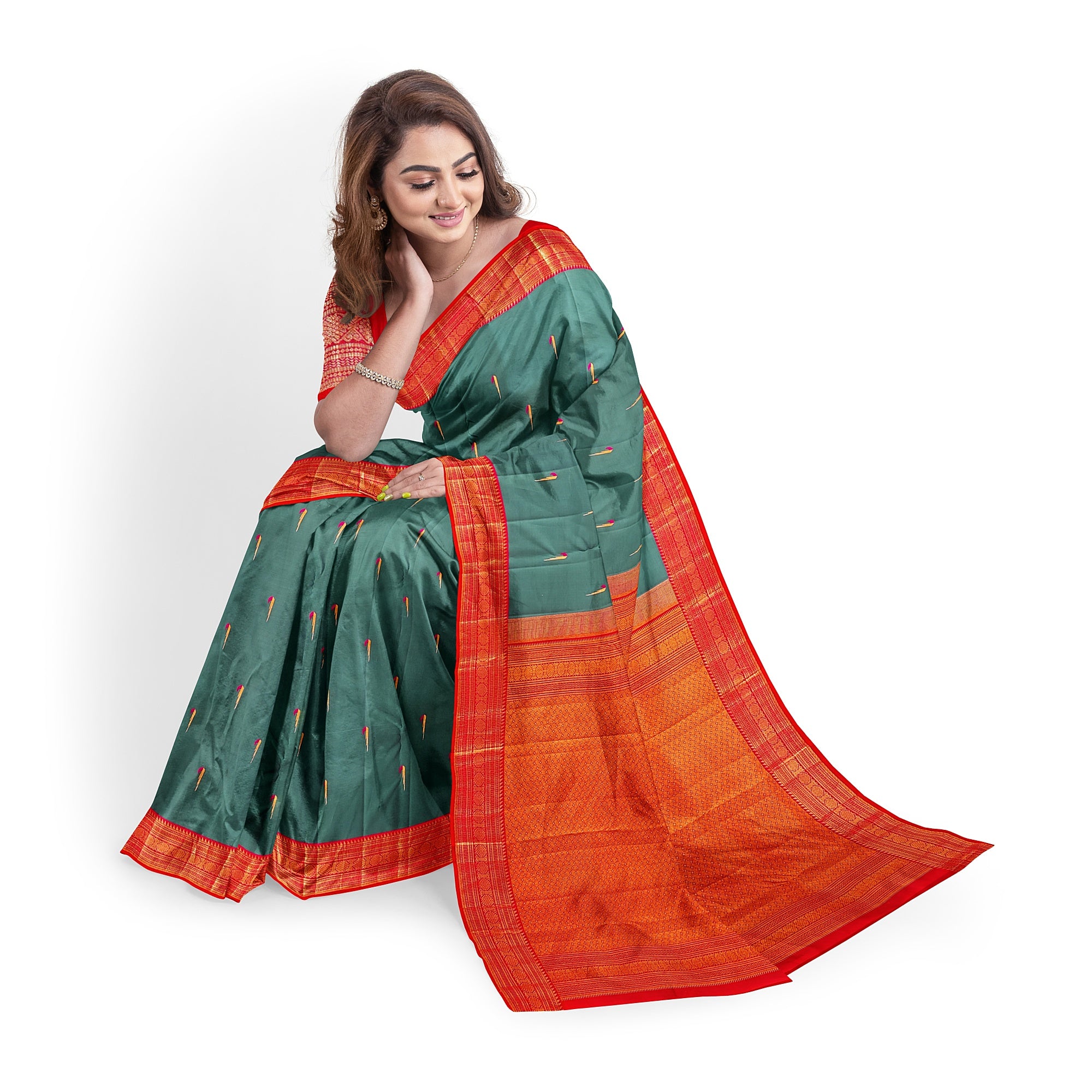 Peacock Green Kanjivaram Silk Saree with Paithani Body and Orange Zari Border – Luxurious Handloom Saree Online - New Sudarshan Silks`