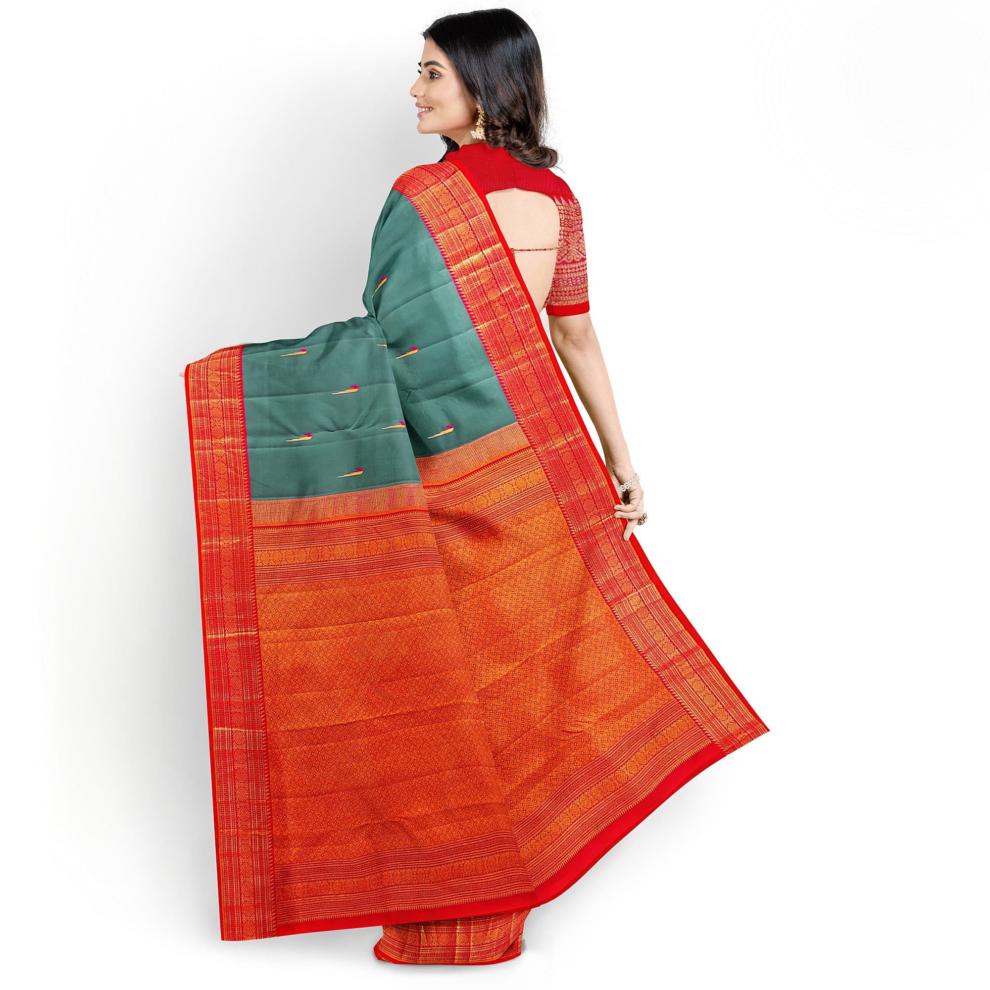 Peacock Green Kanjivaram Silk Saree with Paithani Body and Orange Zari Border – Luxurious Handloom Saree Online - New Sudarshan Silks`