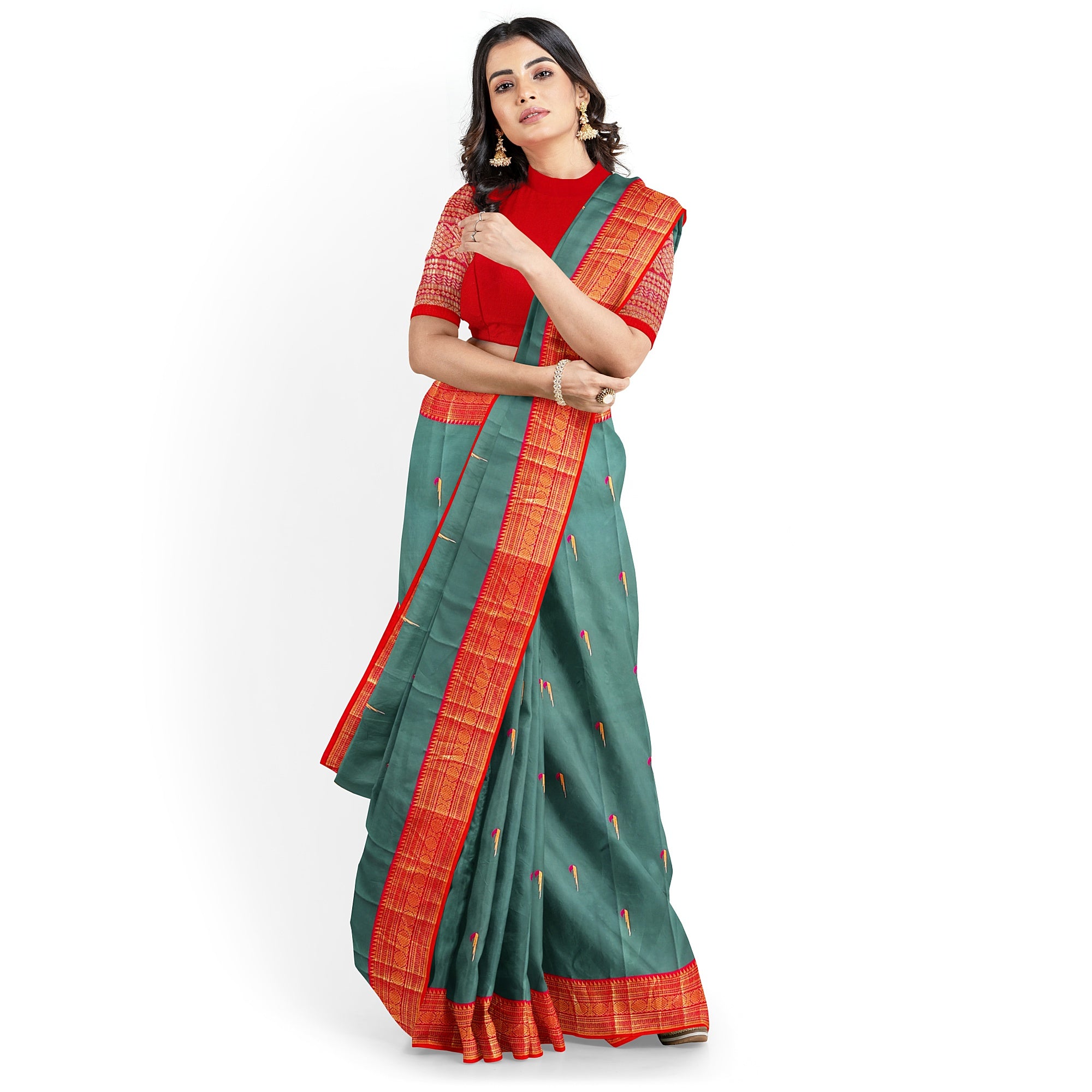 Peacock Green Kanjivaram Silk Saree with Paithani Body and Orange Zari Border – Luxurious Handloom Saree Online - New Sudarshan Silks`
