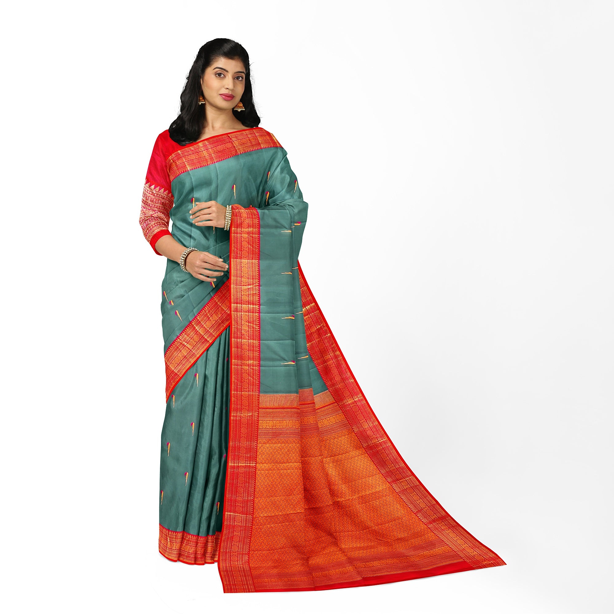 Peacock Green Kanjivaram Silk Saree with Paithani Body and Orange Zari Border – Luxurious Handloom Saree Online - New Sudarshan Silks`