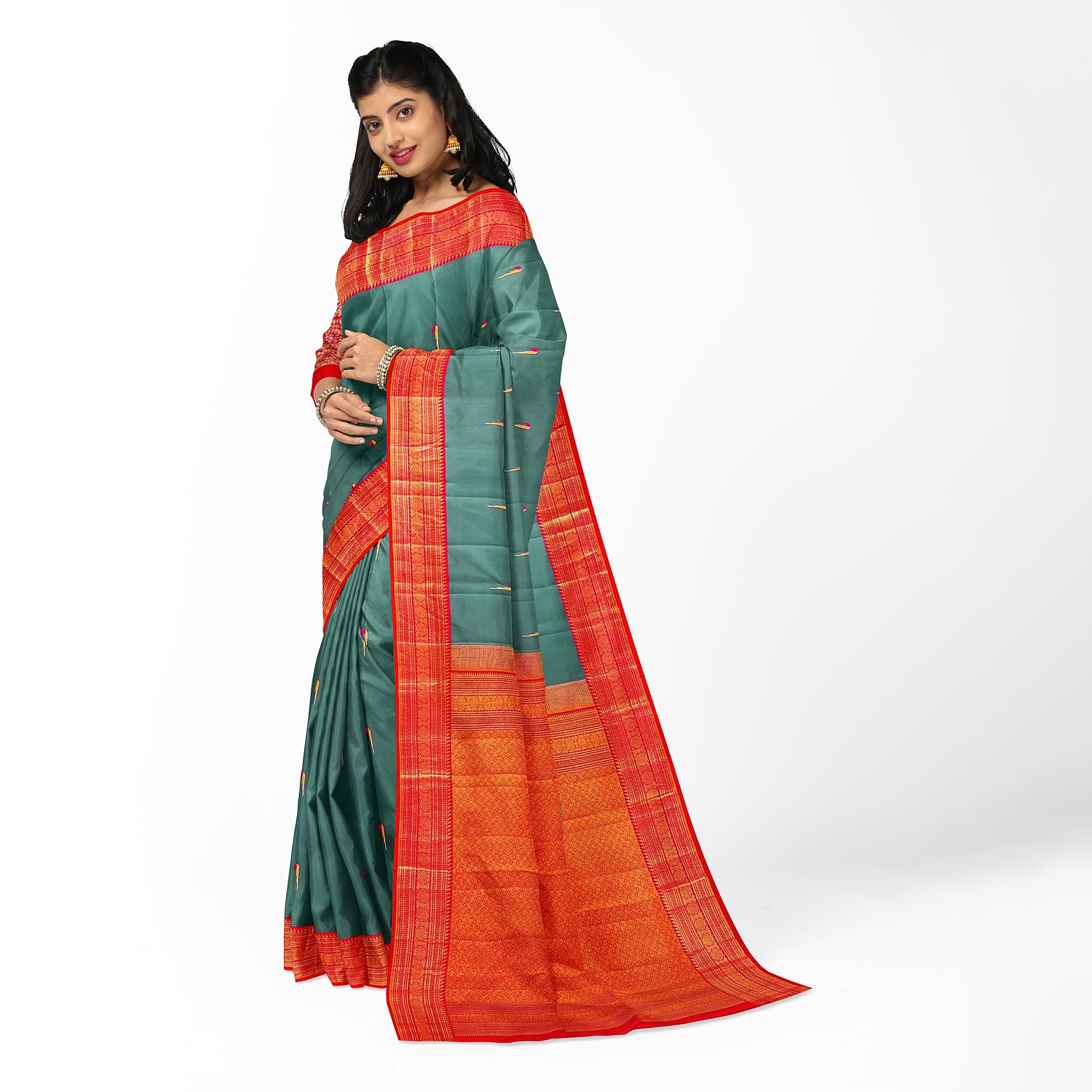 Peacock Green Kanjivaram Silk Saree with Paithani Body and Orange Zari Border – Luxurious Handloom Saree Online - New Sudarshan Silks`