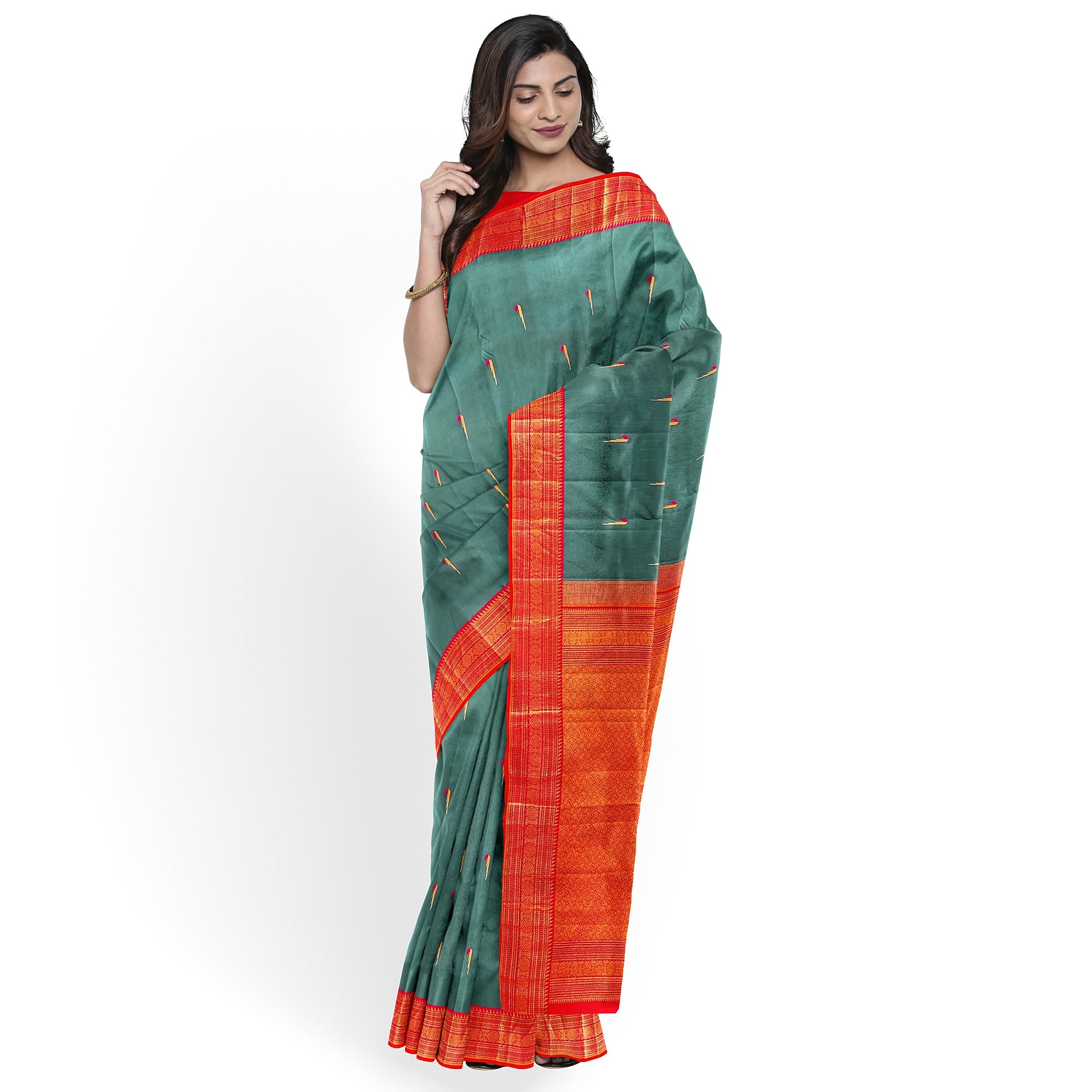 Peacock Green Kanjivaram Silk Saree with Paithani Body and Orange Zari Border – Luxurious Handloom Saree Online - New Sudarshan Silks`