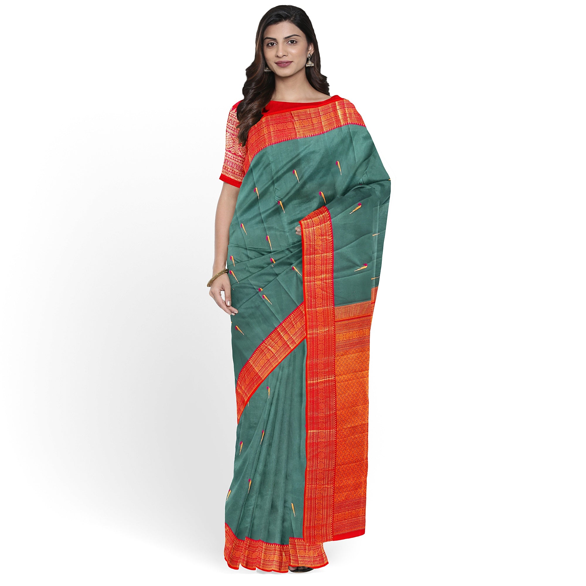 Peacock Green Kanjivaram Silk Saree with Paithani Body and Orange Zari Border – Luxurious Handloom Saree Online - New Sudarshan Silks`