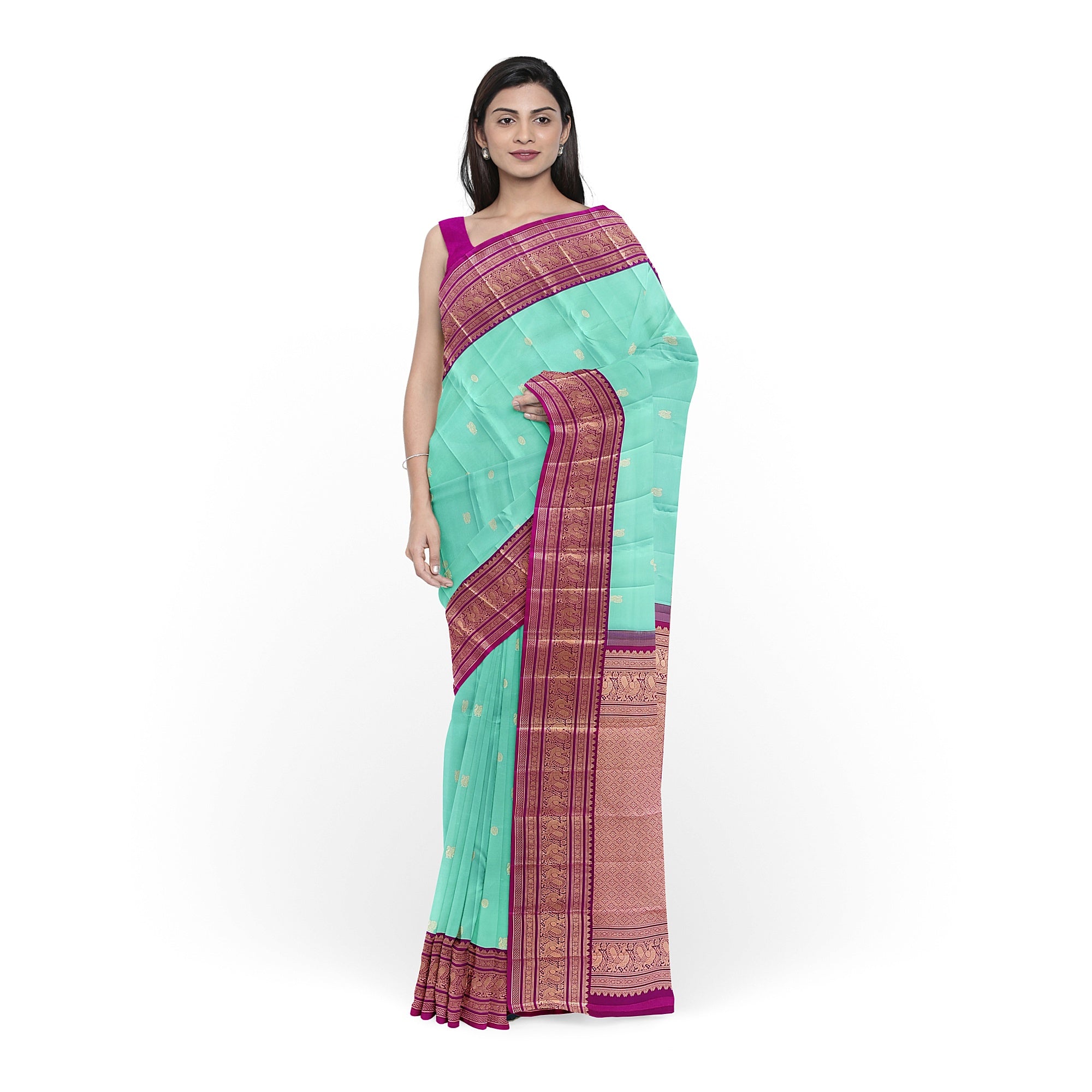 Leaf Green Kanjivaram Silk Saree with Pink Zari Border – Pure Handloom Festive Saree Online - New Sudarshan Silks`