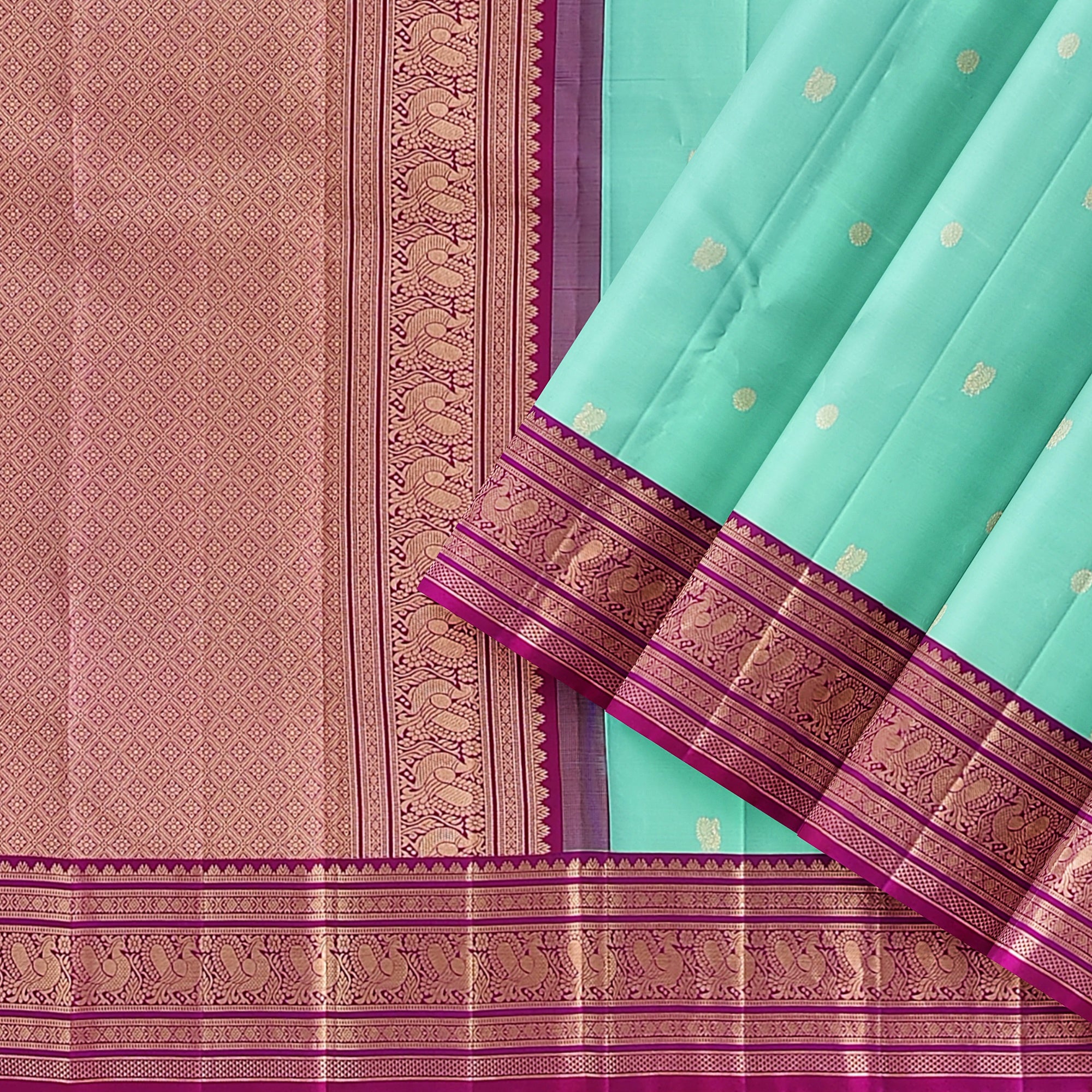 Leaf Green Kanjivaram Silk Saree with Pink Zari Border – Pure Handloom Festive Saree Online - New Sudarshan Silks`