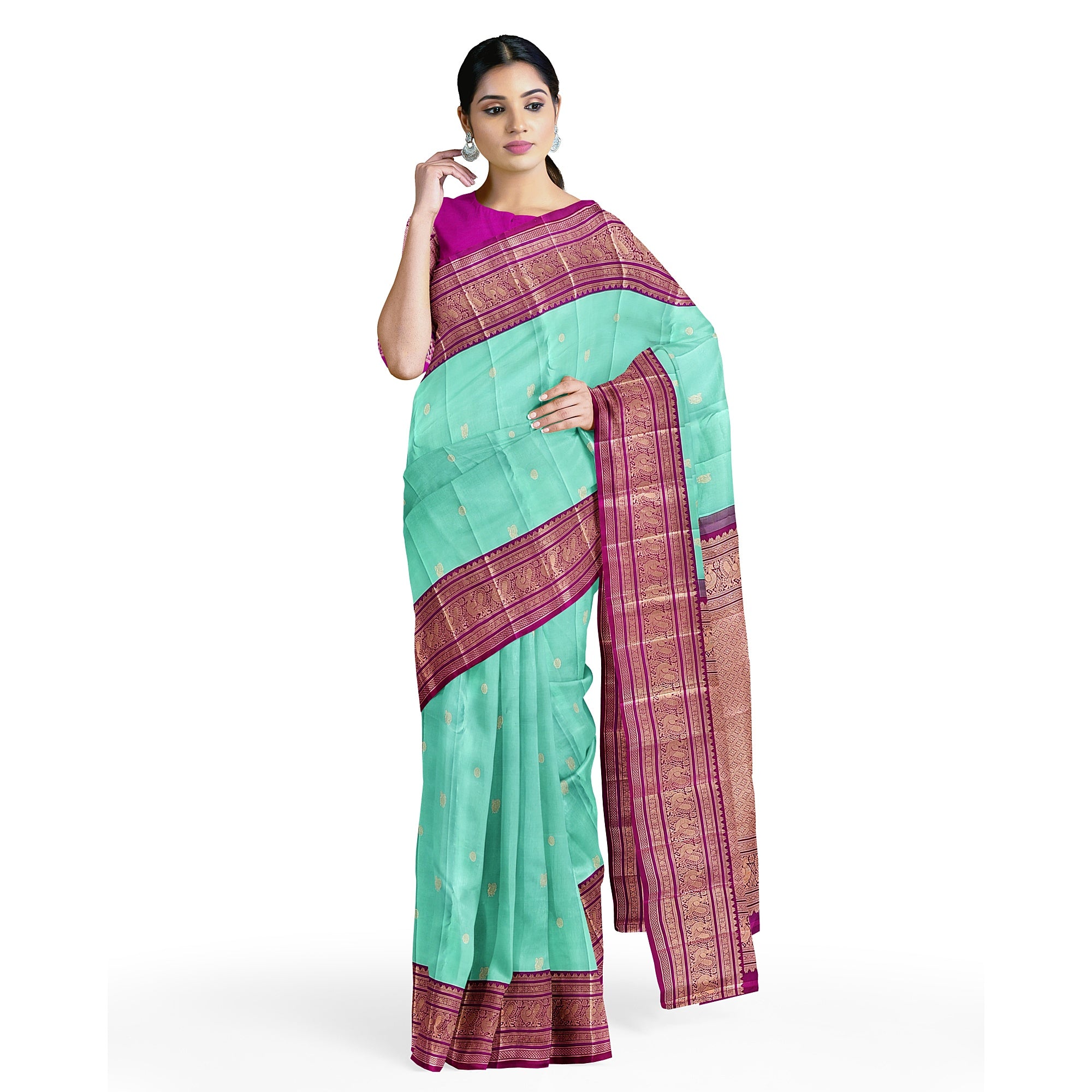 Leaf Green Kanjivaram Silk Saree with Pink Zari Border – Pure Handloom Festive Saree Online - New Sudarshan Silks`