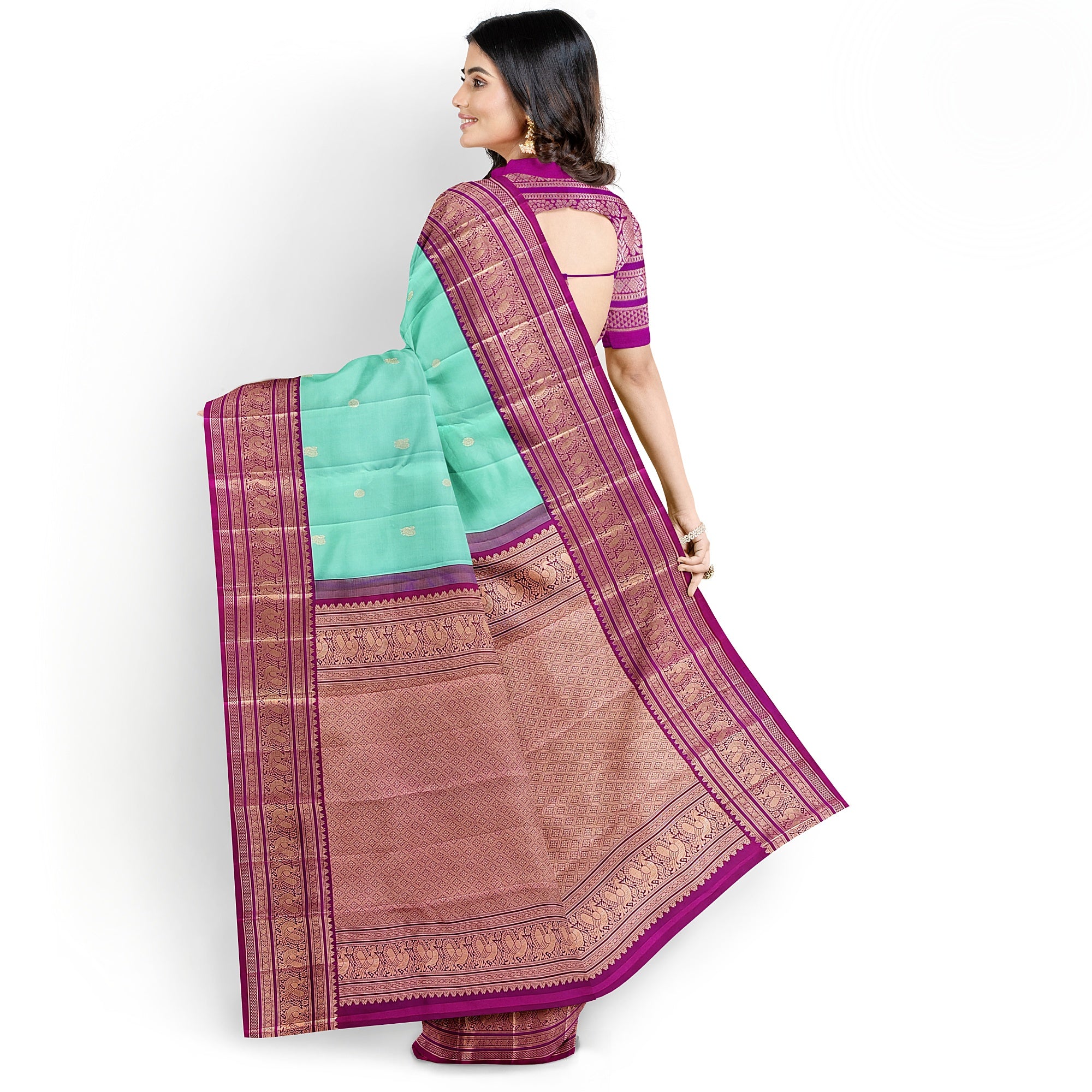Leaf Green Kanjivaram Silk Saree with Pink Zari Border – Pure Handloom Festive Saree Online - New Sudarshan Silks`
