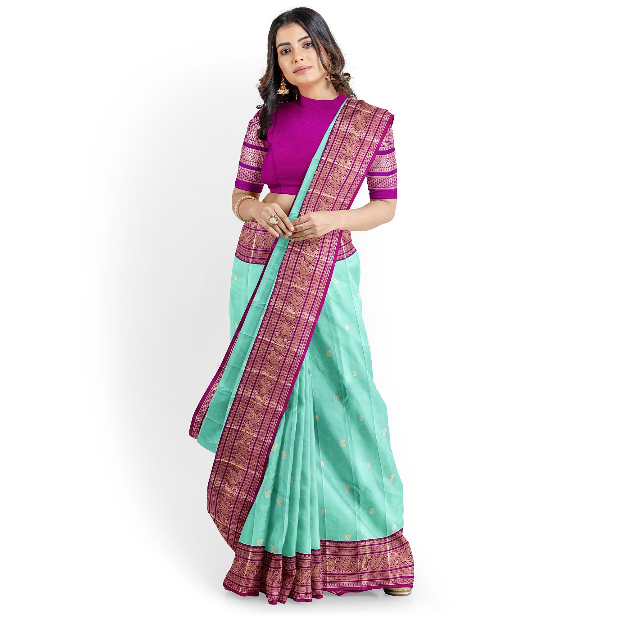 Leaf Green Kanjivaram Silk Saree with Pink Zari Border – Pure Handloom Festive Saree Online - New Sudarshan Silks`