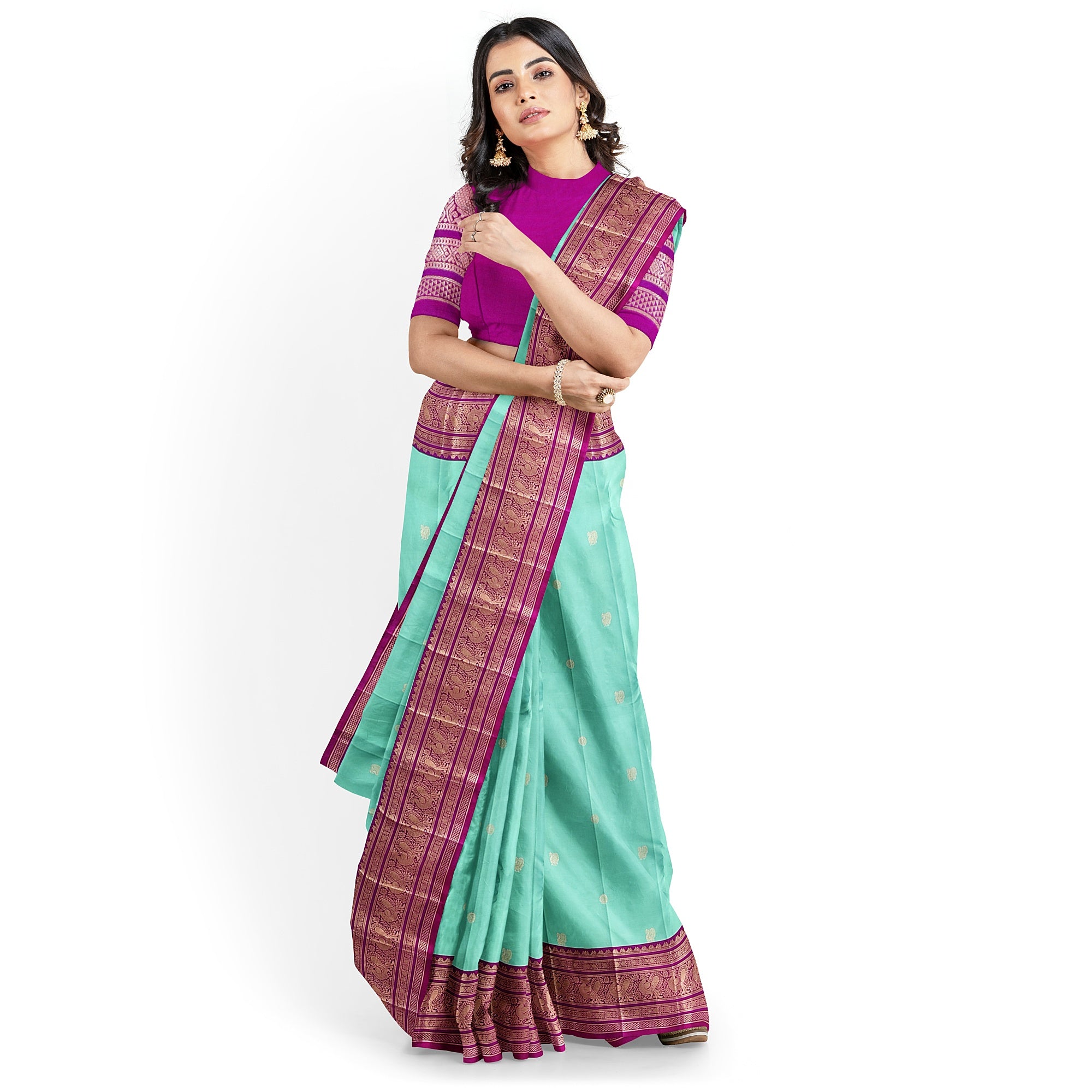 Leaf Green Kanjivaram Silk Saree with Pink Zari Border – Pure Handloom Festive Saree Online - New Sudarshan Silks`