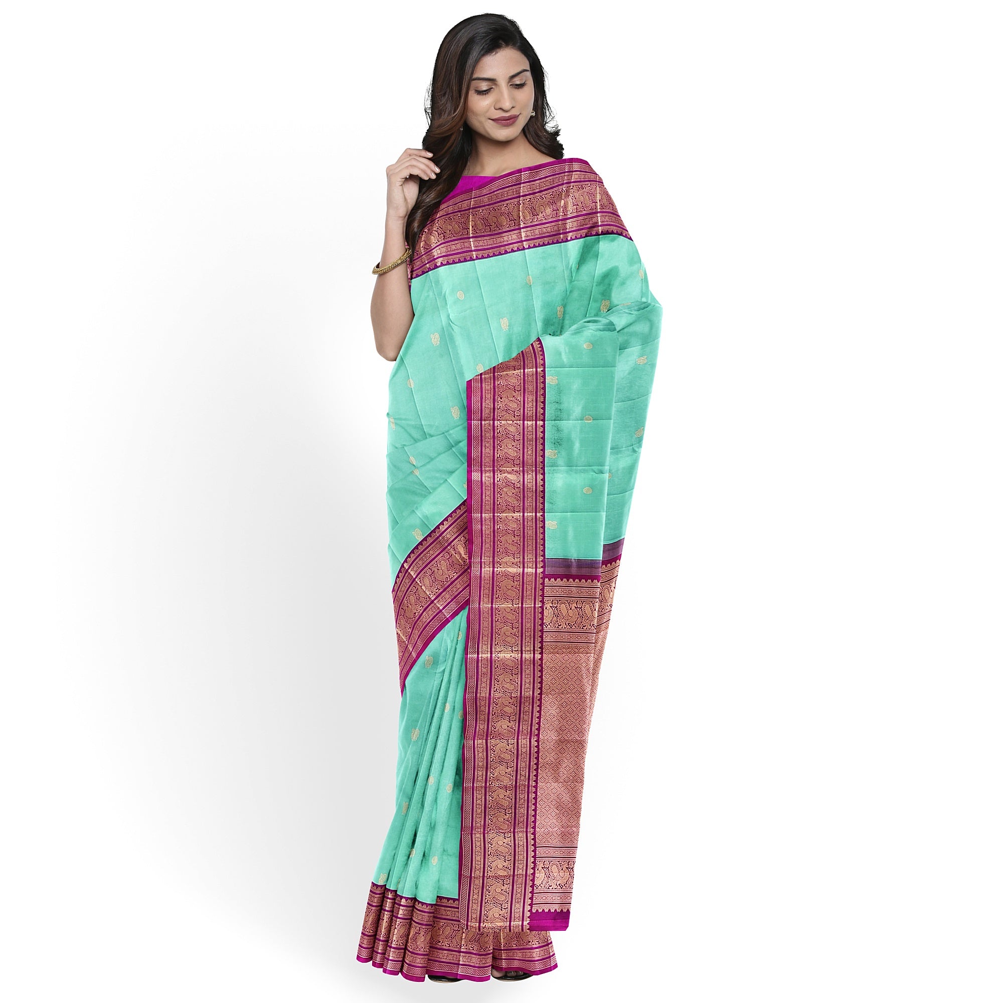 Leaf Green Kanjivaram Silk Saree with Pink Zari Border – Pure Handloom Festive Saree Online - New Sudarshan Silks`