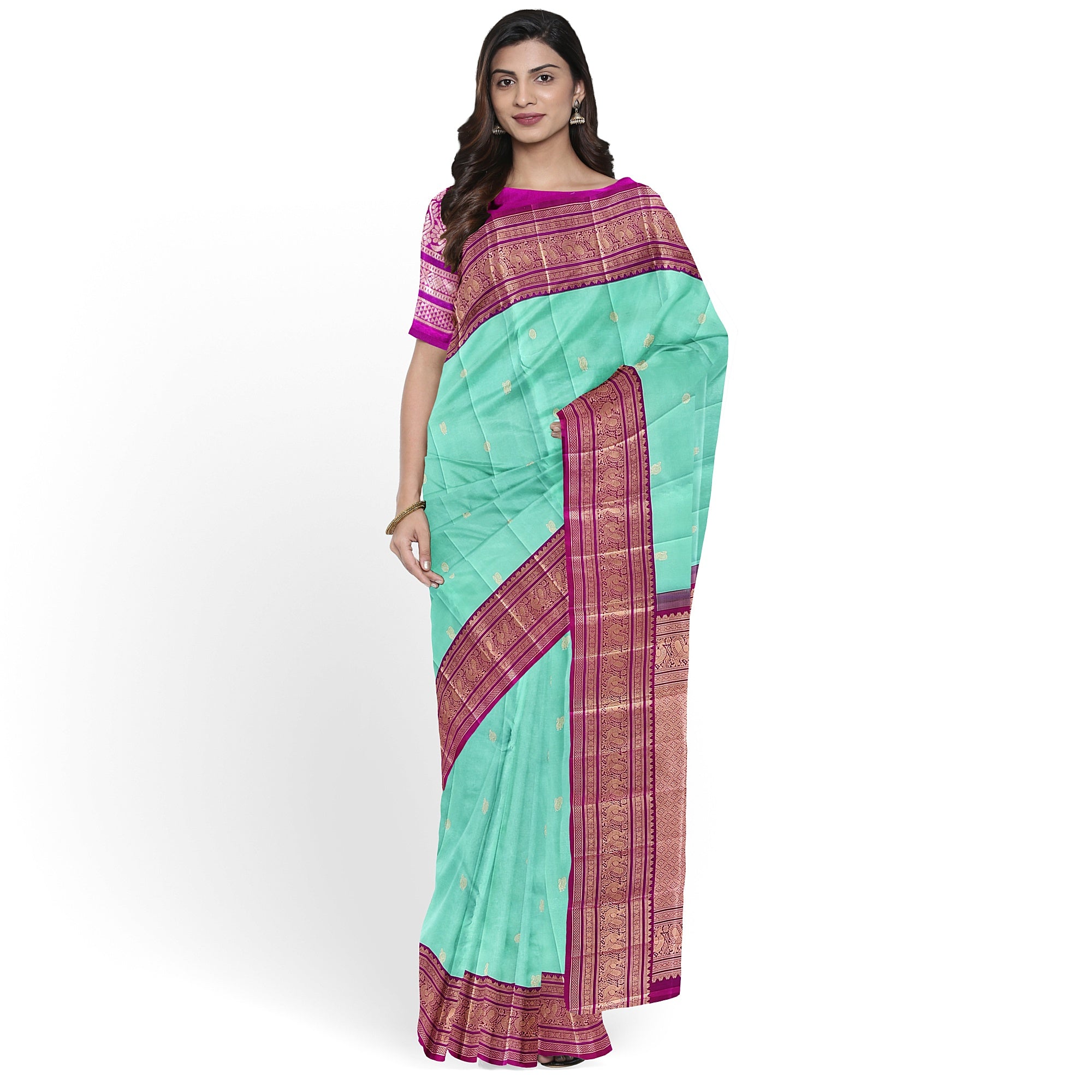 Leaf Green Kanjivaram Silk Saree with Pink Zari Border – Pure Handloom Festive Saree Online - New Sudarshan Silks`