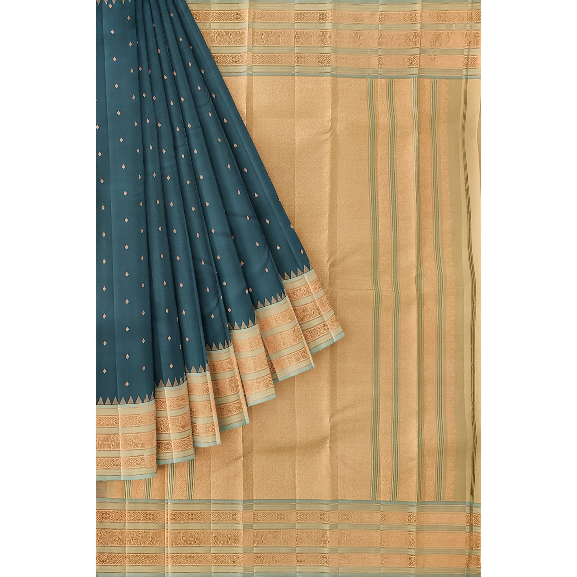 Rama Blue Kanjivaram Silk Saree with Elephant Zari Border – Regal Handloom Saree for Special Occasions Online - New Sudarshan Silks`
