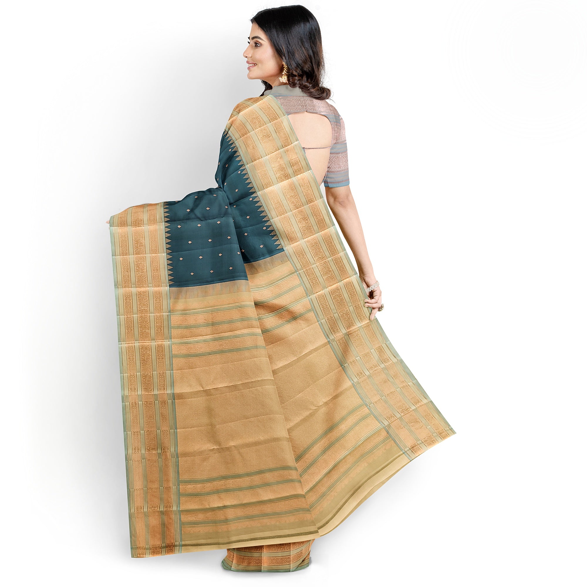Rama Blue Kanjivaram Silk Saree with Elephant Zari Border – Regal Handloom Saree for Special Occasions Online - New Sudarshan Silks`