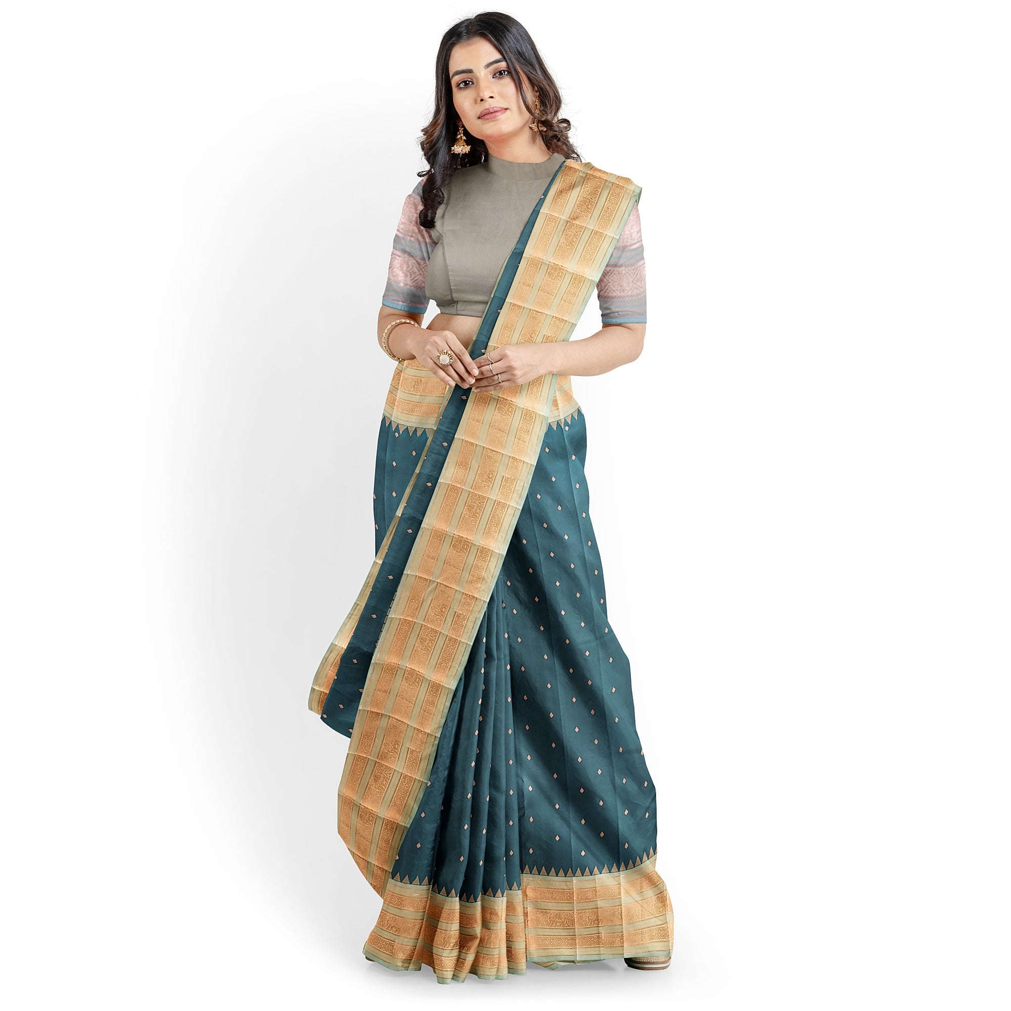 Rama Blue Kanjivaram Silk Saree with Elephant Zari Border – Regal Handloom Saree for Special Occasions Online - New Sudarshan Silks`