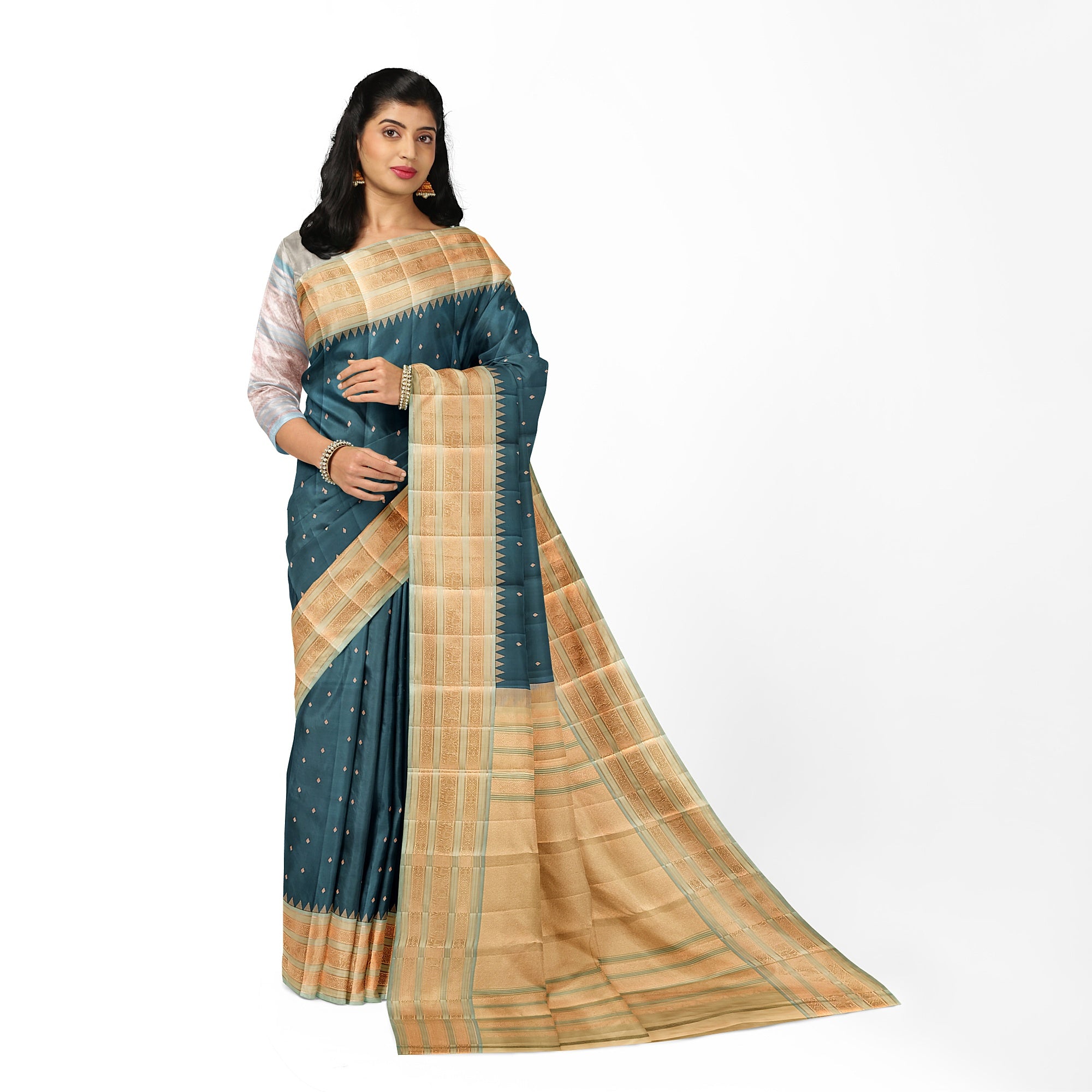 Rama Blue Kanjivaram Silk Saree with Elephant Zari Border – Regal Handloom Saree for Special Occasions Online - New Sudarshan Silks`