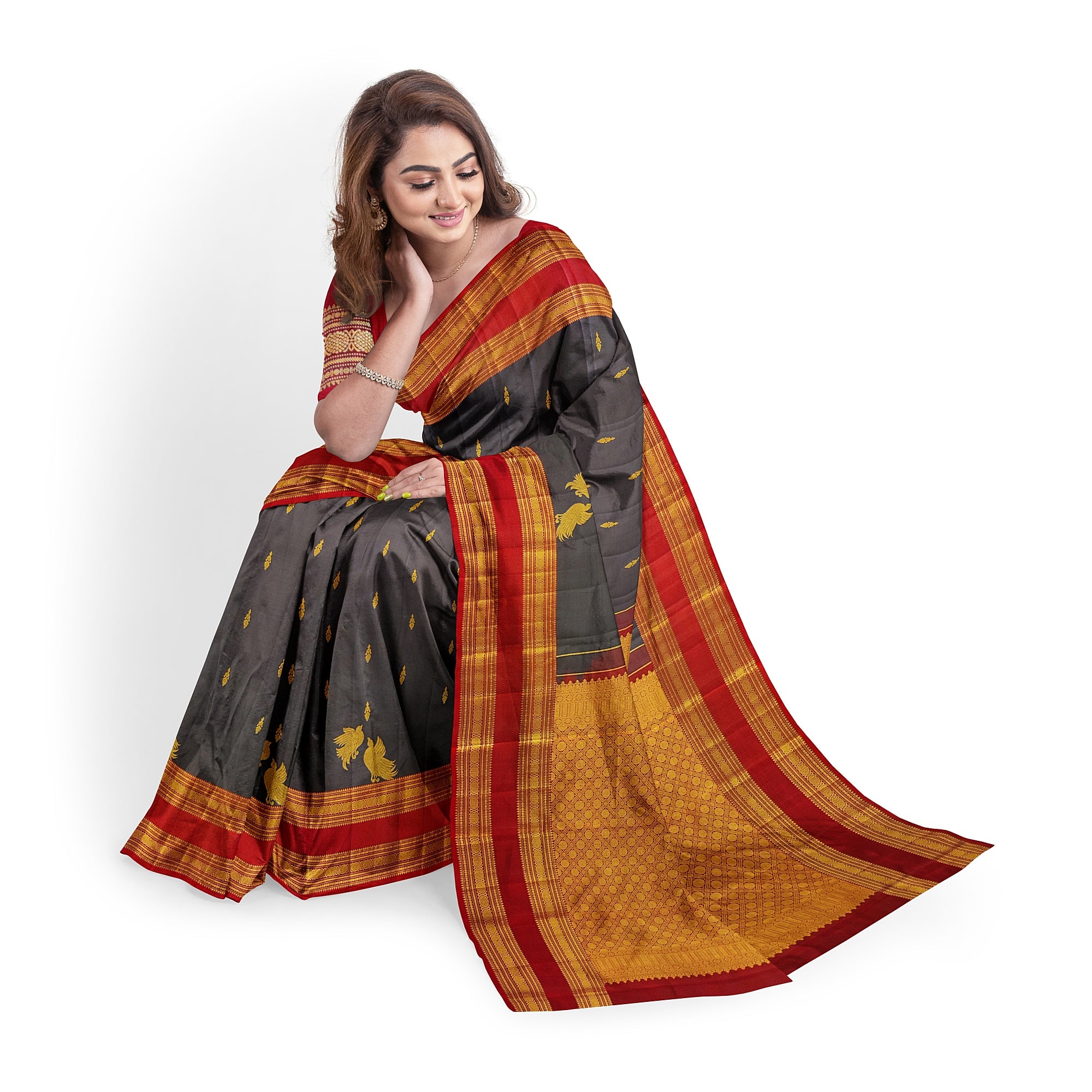 Chocolate Brown Kanjivaram Silk Saree with Maroon Bentex Zari Border – Pure Handloom Bridal Saree Online - New Sudarshan Silks`