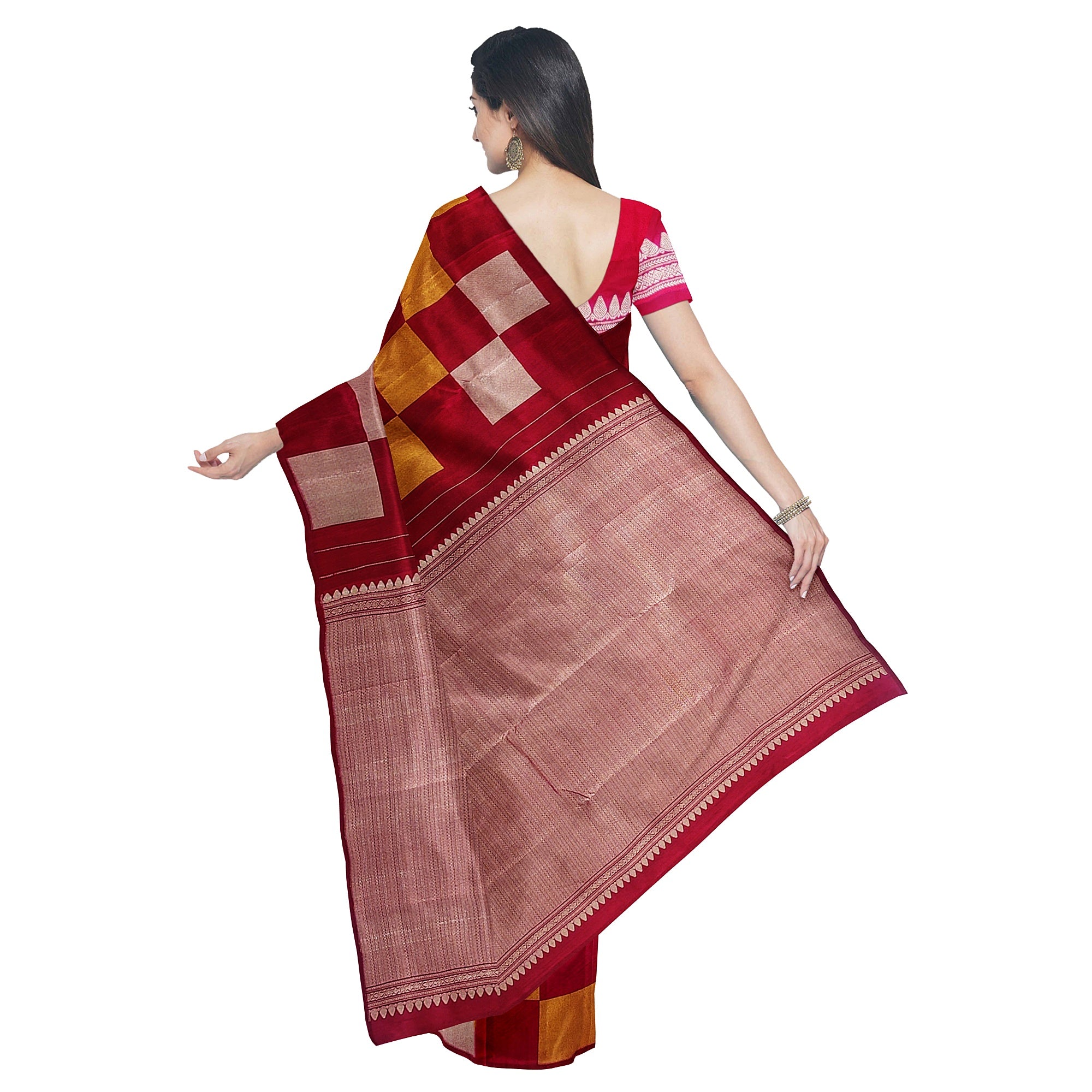 Dark Pink Kanjivaram Fancy Saree – Checks with Gold & Silver Work – Shop Online