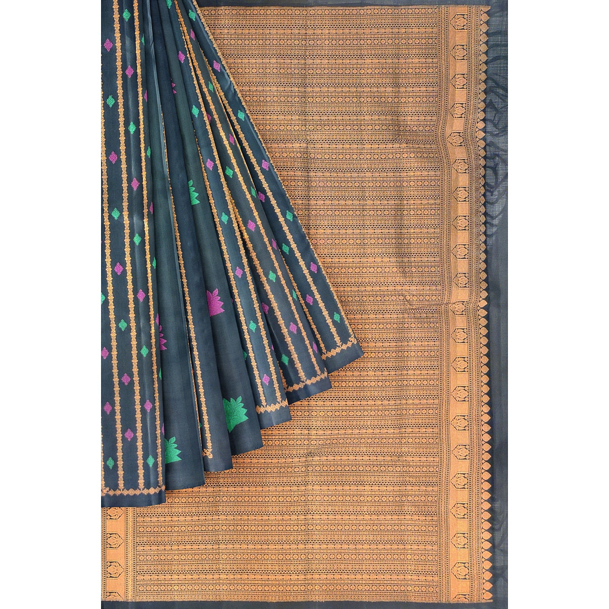 Black Kanjivaram Saree – Copper Zari with Pink & Green Butta – Shop Online