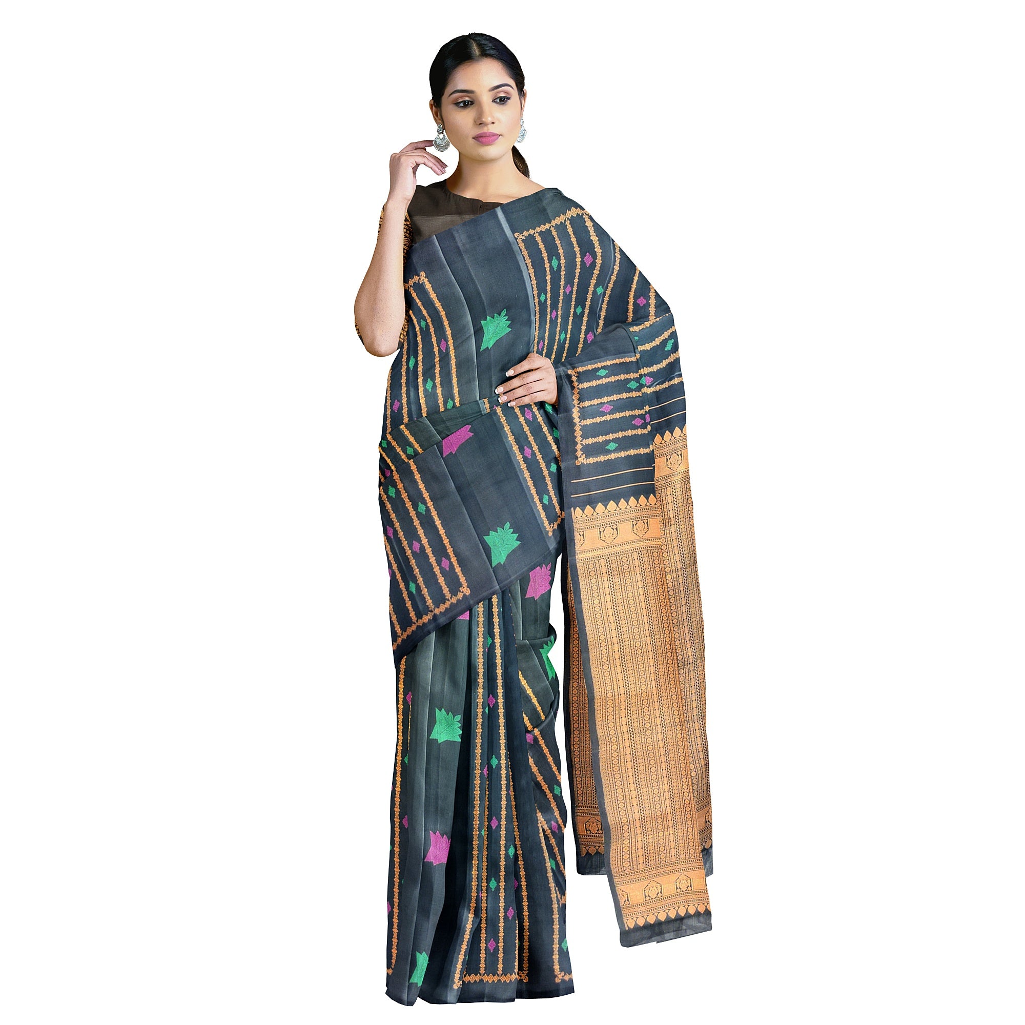 Black Kanjivaram Saree – Copper Zari with Pink & Green Butta – Shop Online