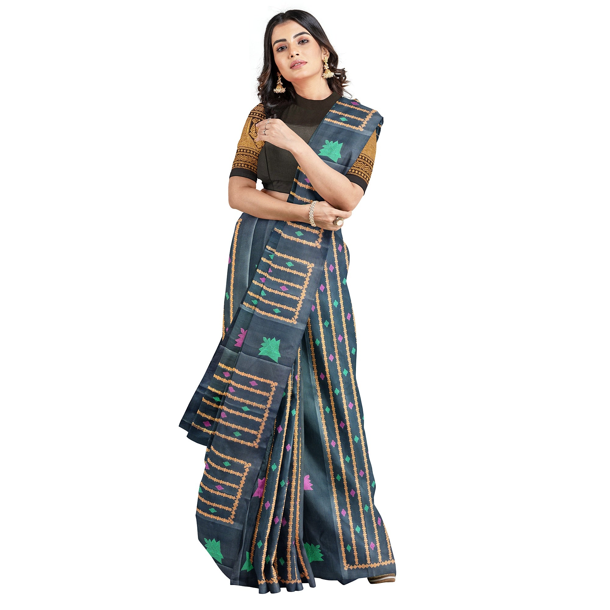 Black Kanjivaram Saree – Copper Zari with Pink & Green Butta – Shop Online