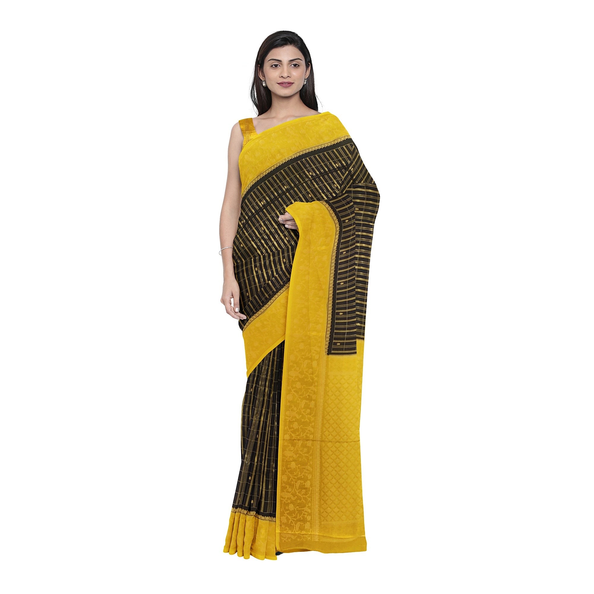 Black Georgette Saree – Yellow Border – Shop Online