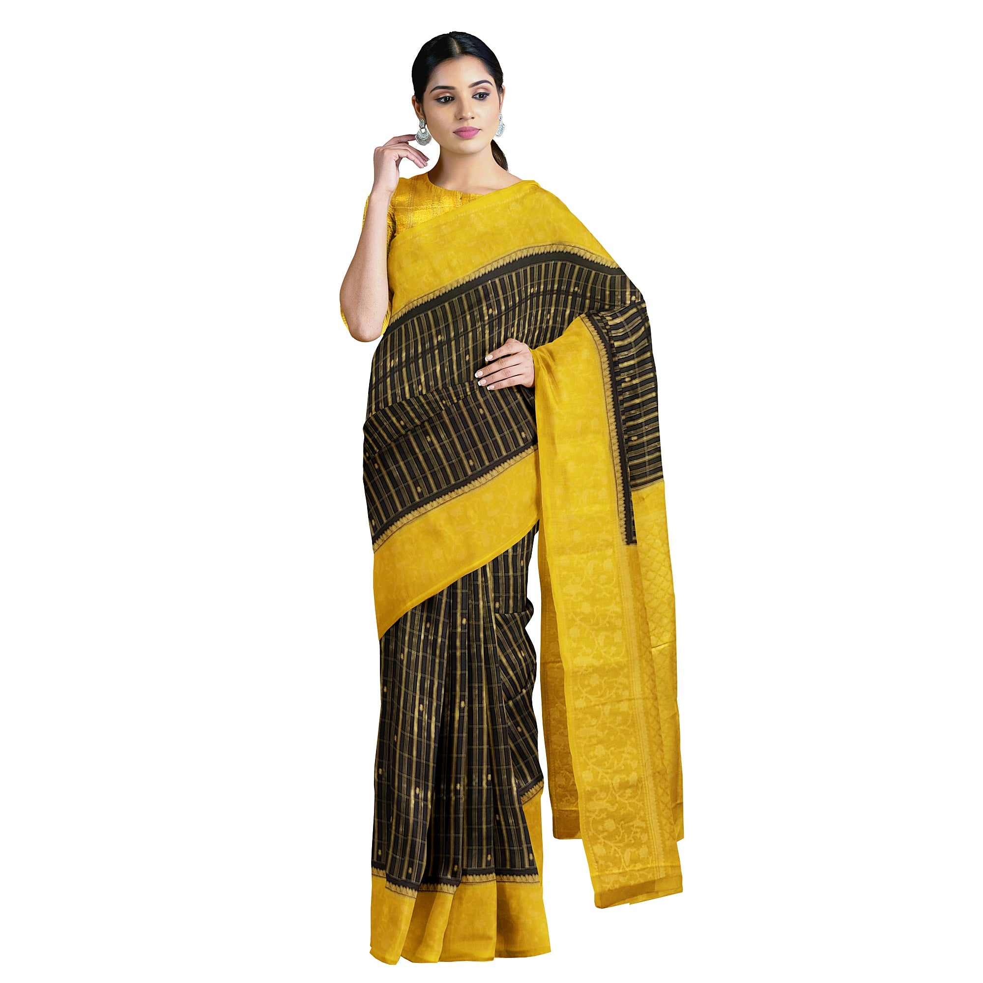 Black Georgette Saree – Yellow Border – Shop Online