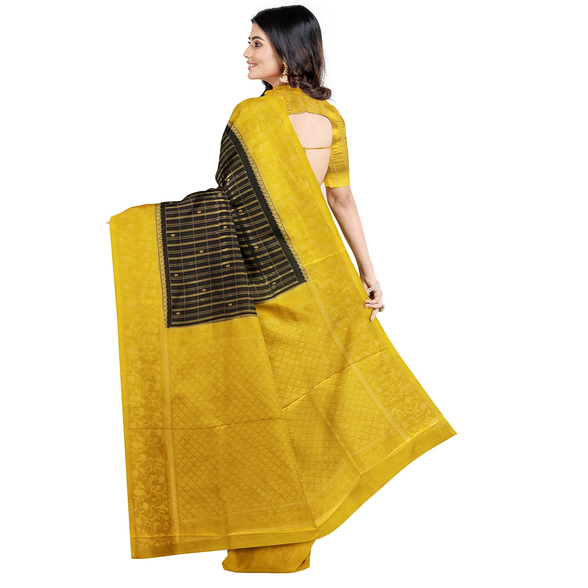 Black Georgette Saree – Yellow Border – Shop Online