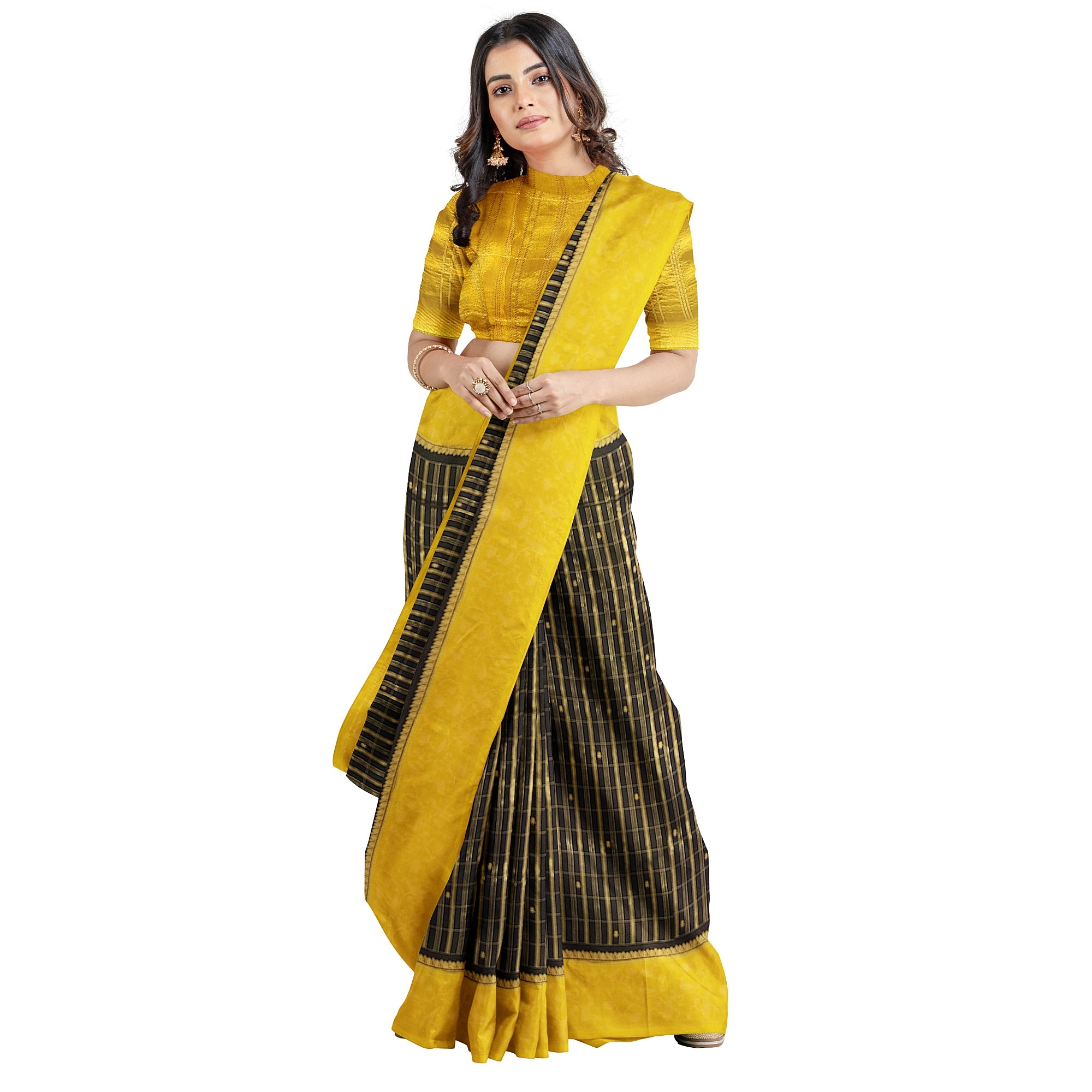 Black Georgette Saree – Yellow Border – Shop Online
