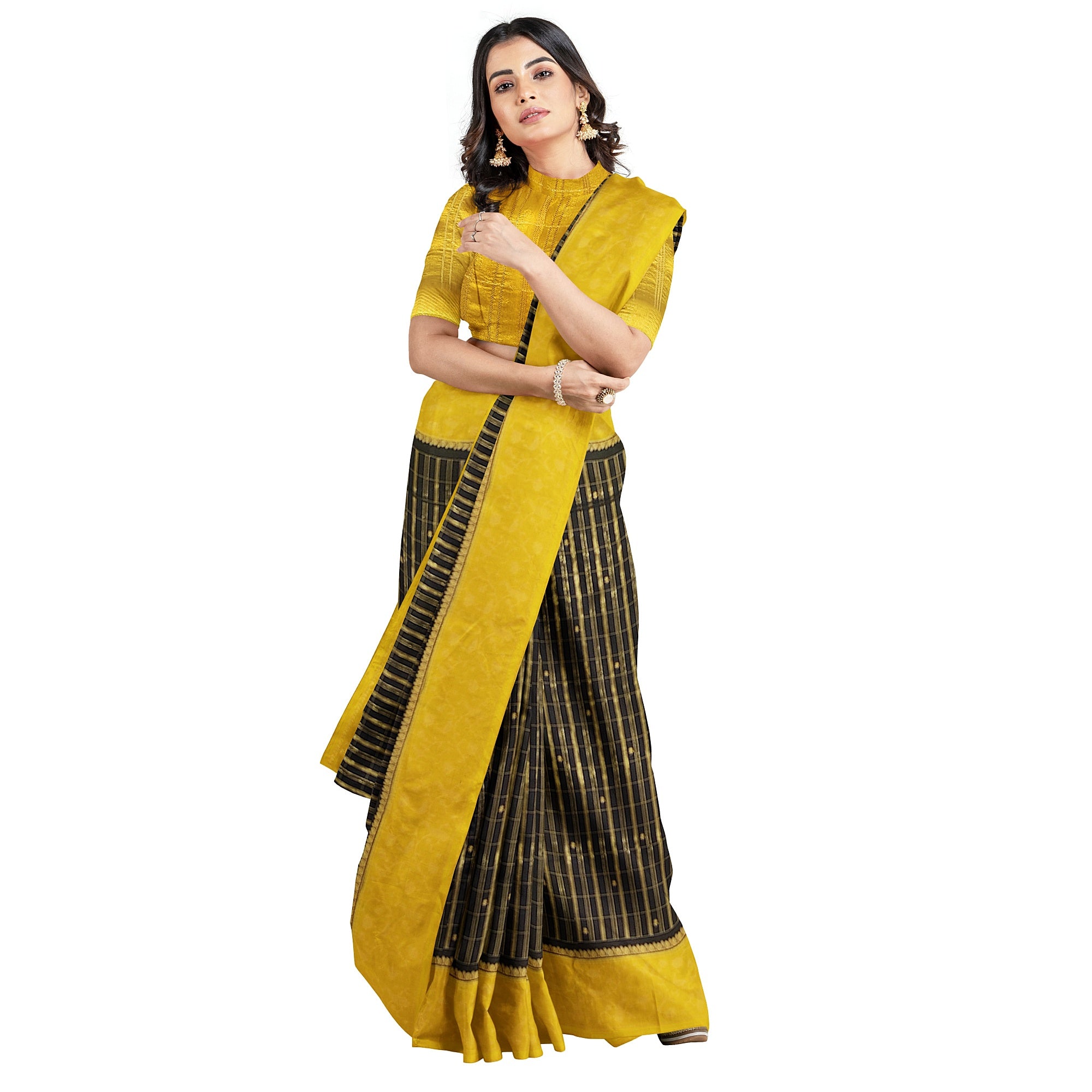 Black Georgette Saree – Yellow Border – Shop Online