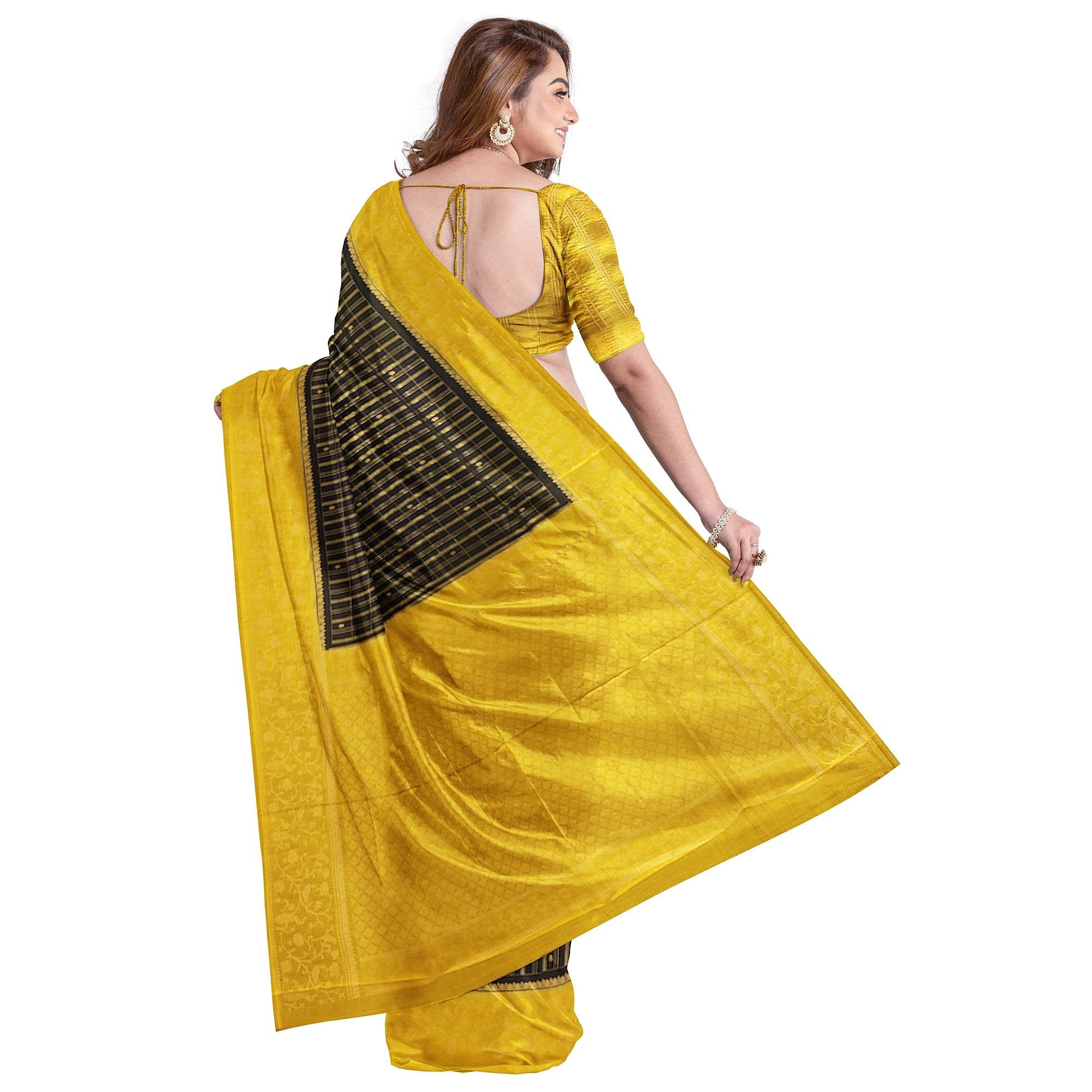 Black Georgette Saree – Yellow Border – Shop Online