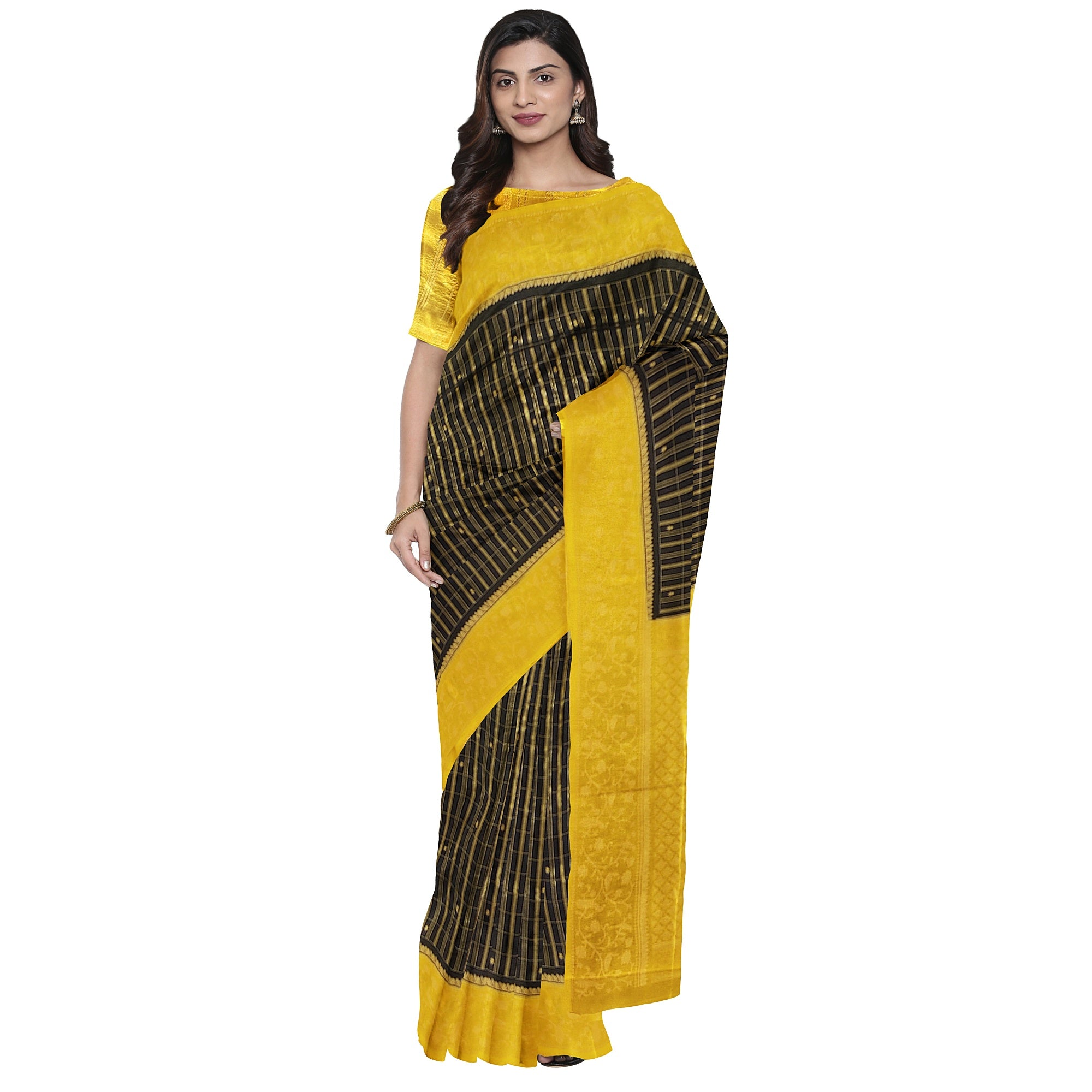 Black Georgette Saree – Yellow Border – Shop Online