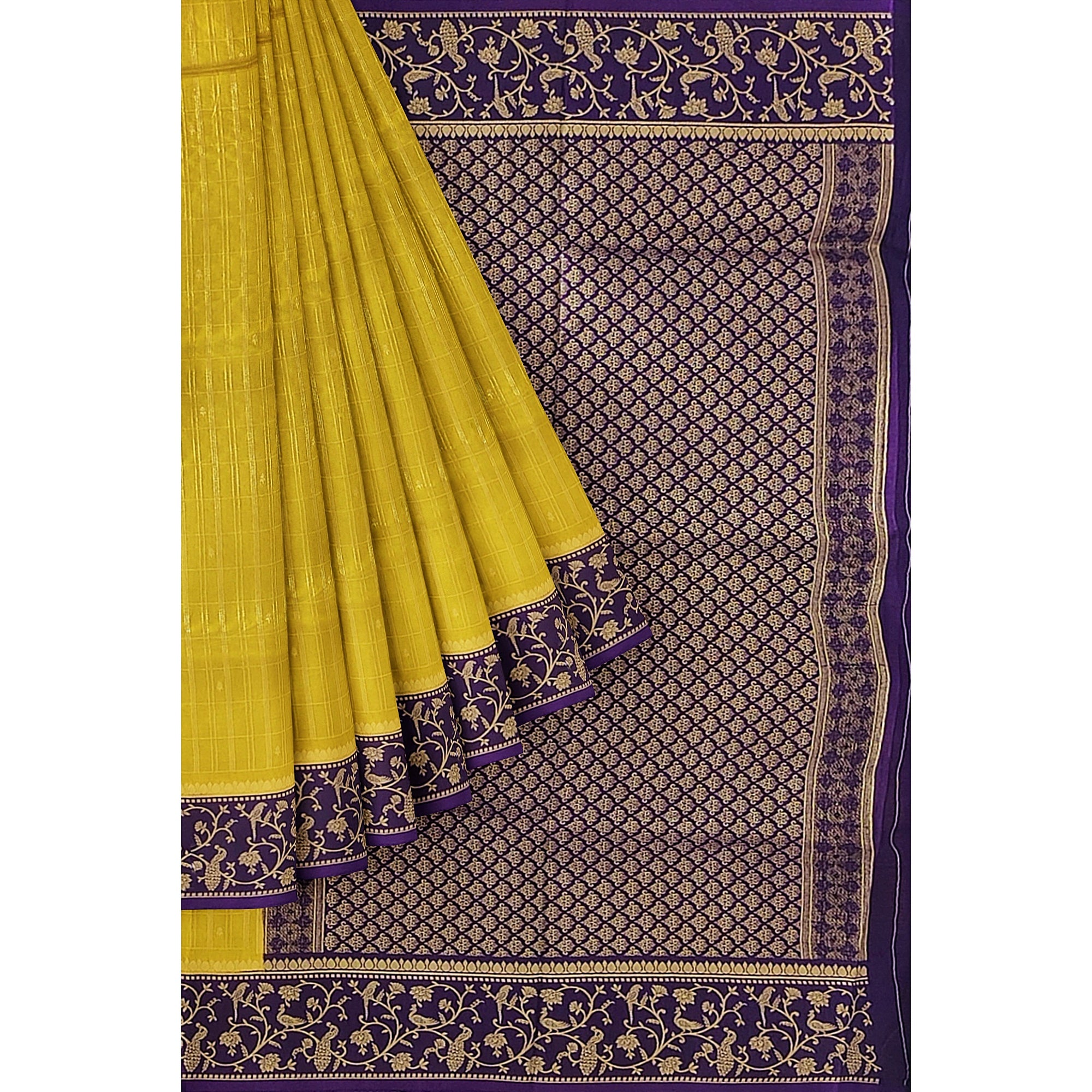 Lemon Green Georgette Saree – Purple Border – Shop Online