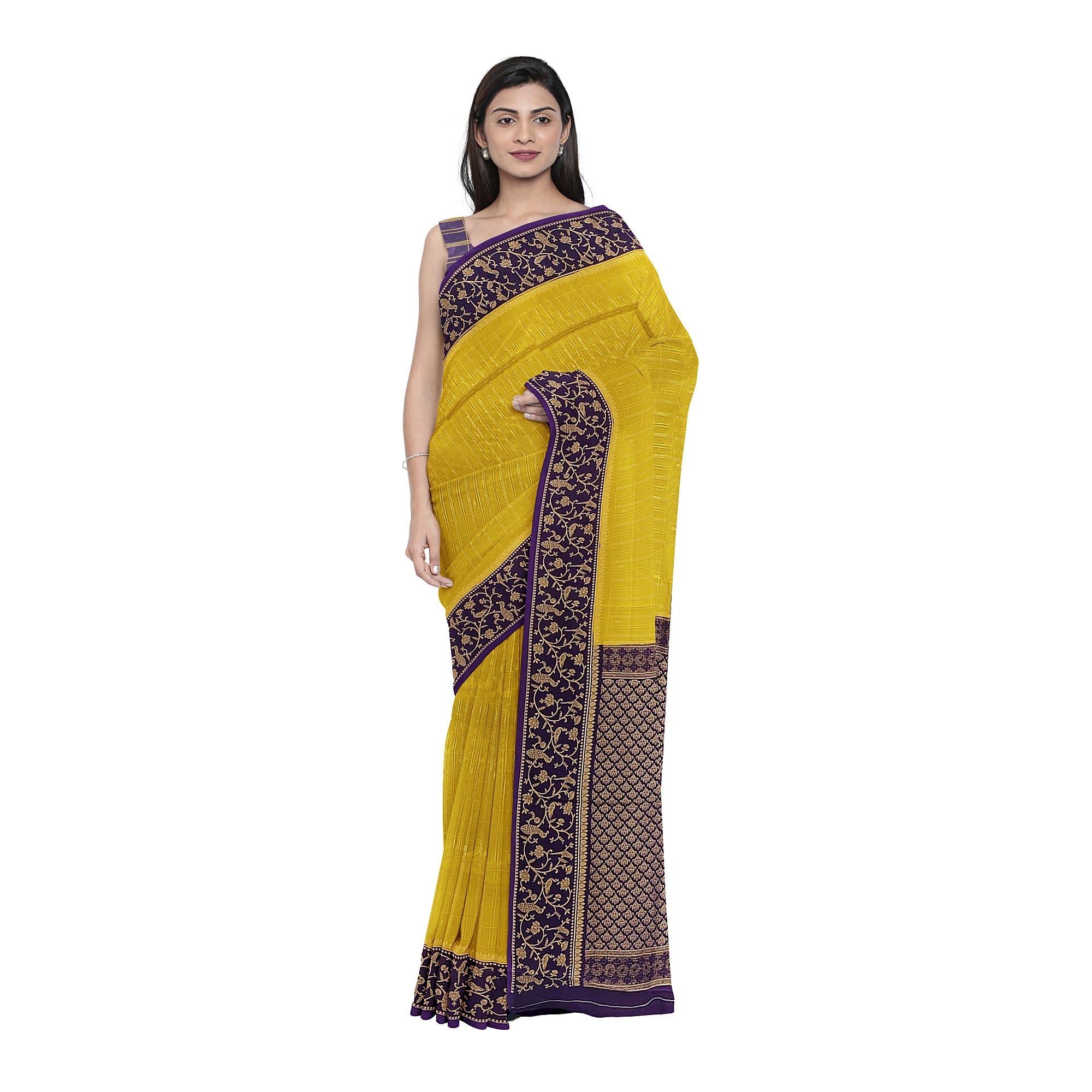 Lemon Green Georgette Saree – Purple Border – Shop Online