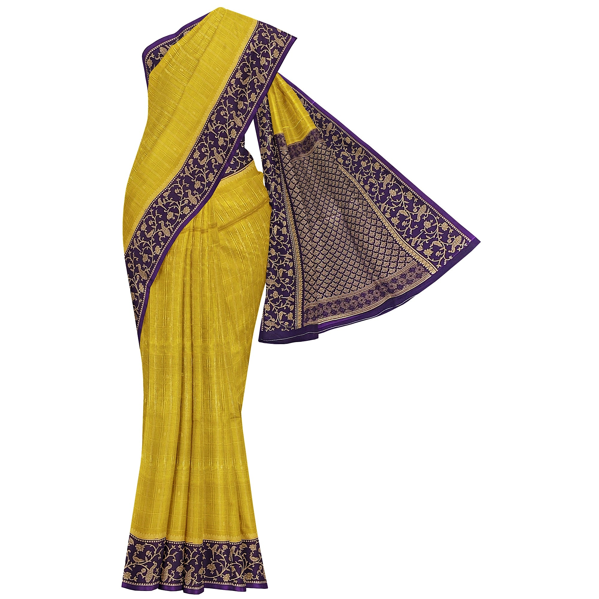 Lemon Green Georgette Saree – Purple Border – Shop Online