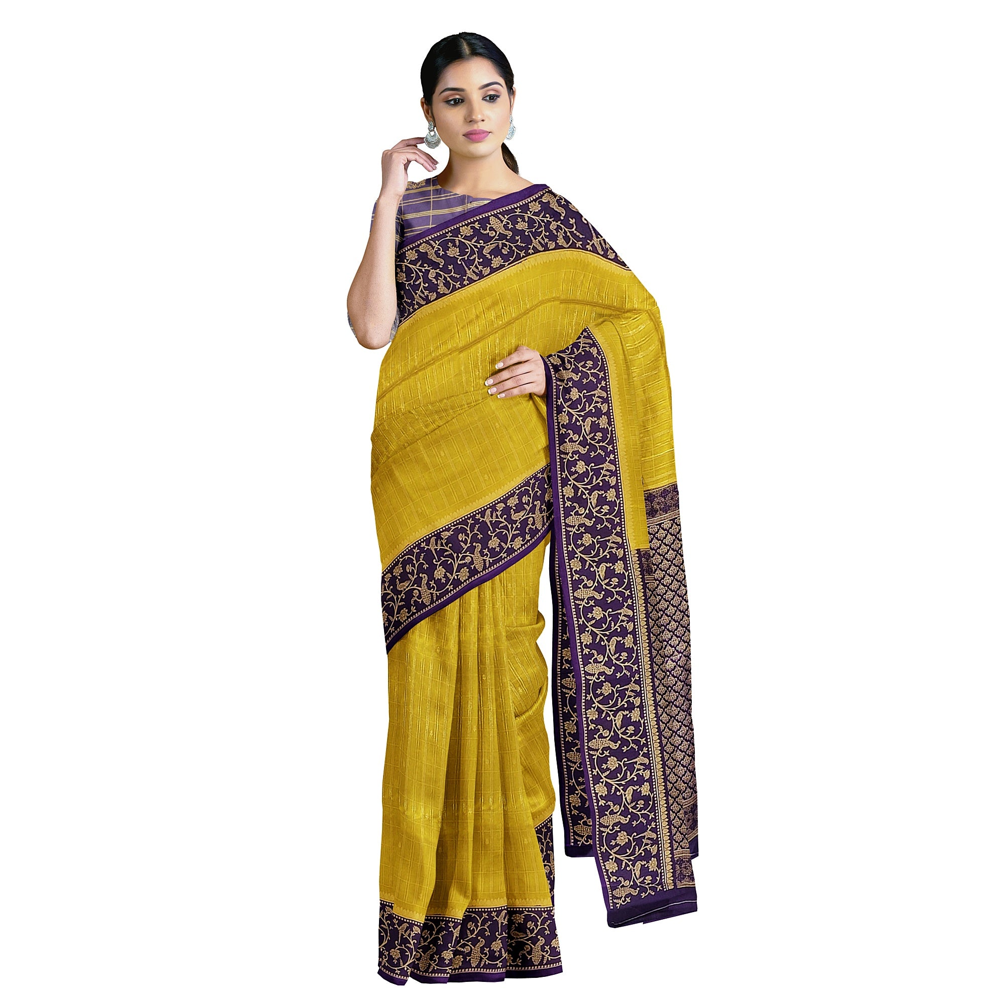Lemon Green Georgette Saree – Purple Border – Shop Online
