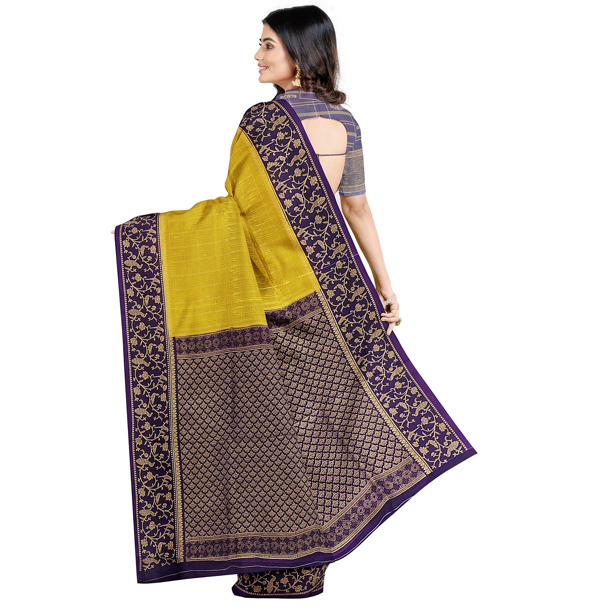 Lemon Green Georgette Saree – Purple Border – Shop Online