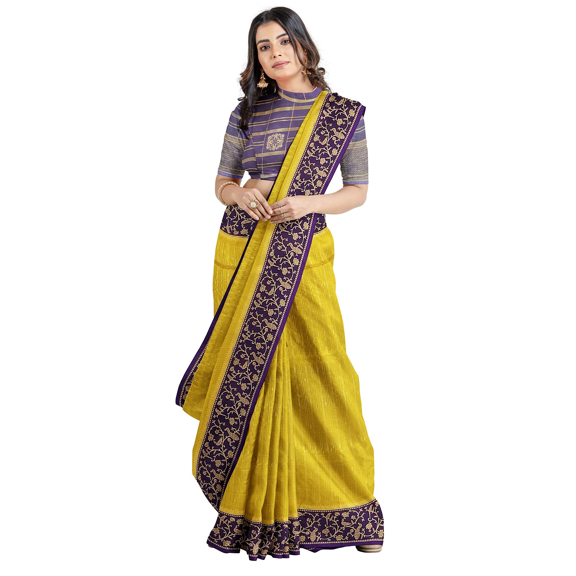 Lemon Green Georgette Saree – Purple Border – Shop Online