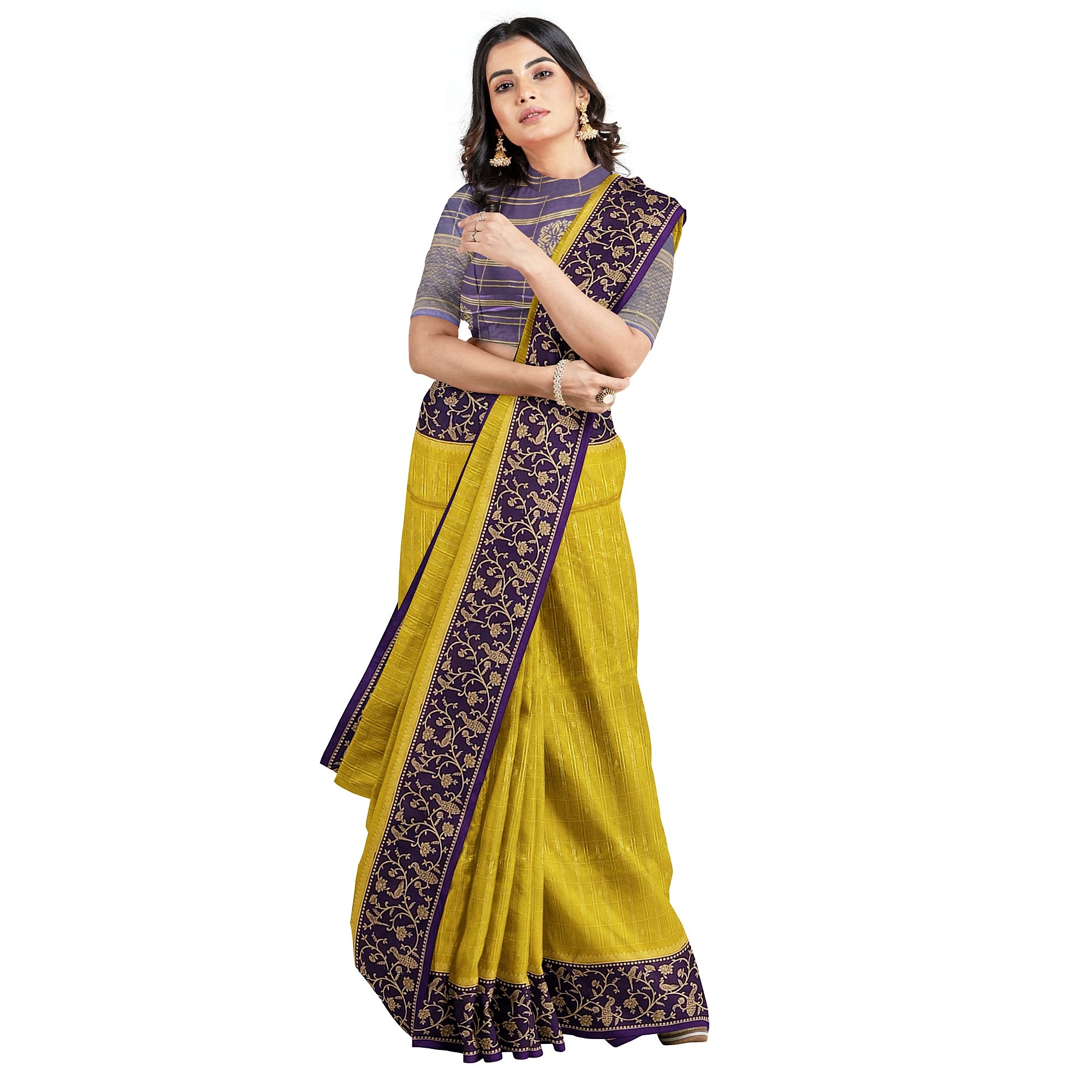 Lemon Green Georgette Saree – Purple Border – Shop Online