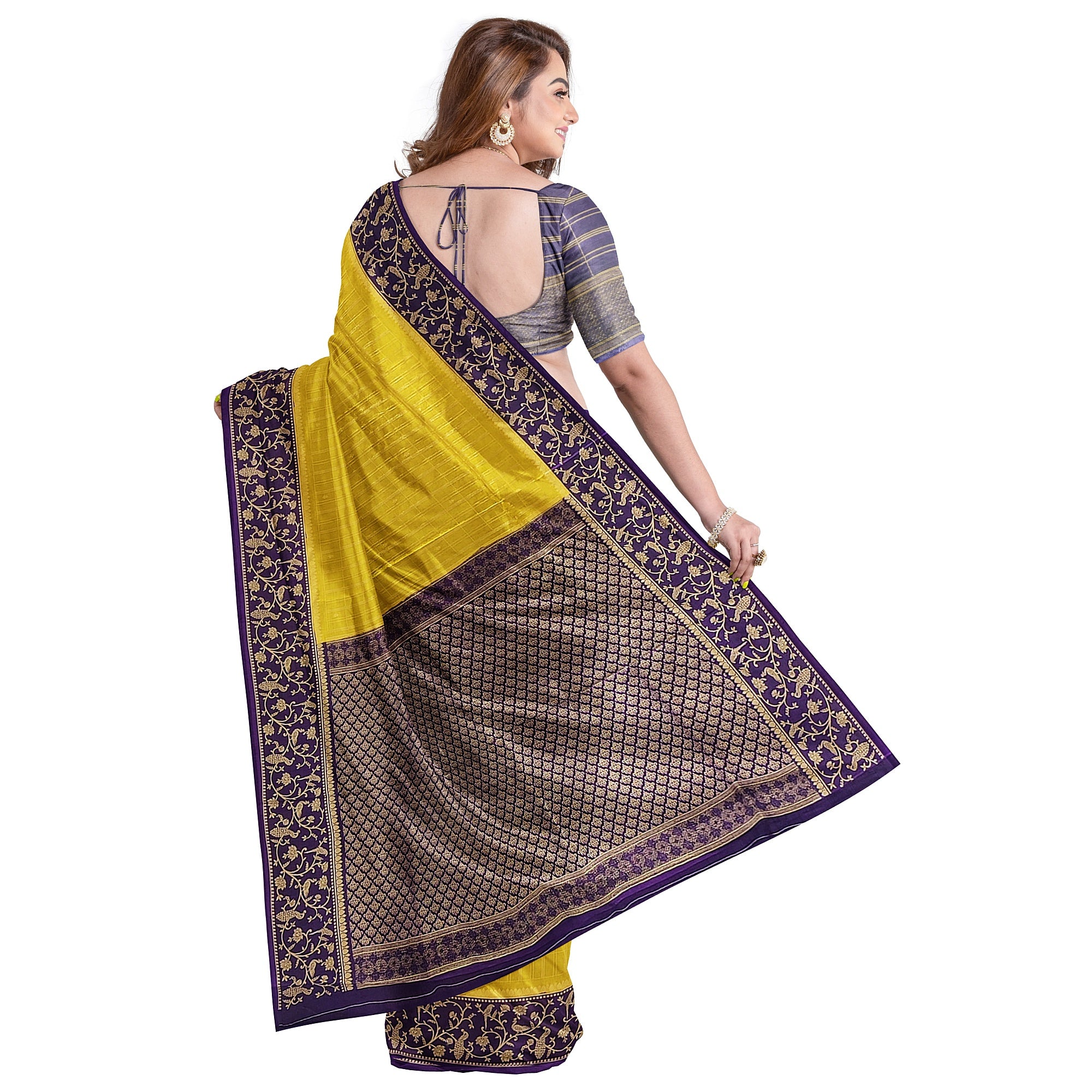 Lemon Green Georgette Saree – Purple Border – Shop Online