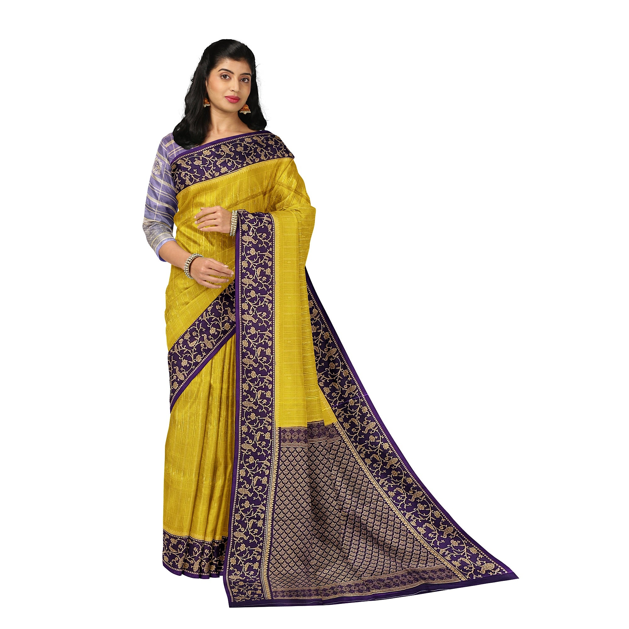 Lemon Green Georgette Saree – Purple Border – Shop Online
