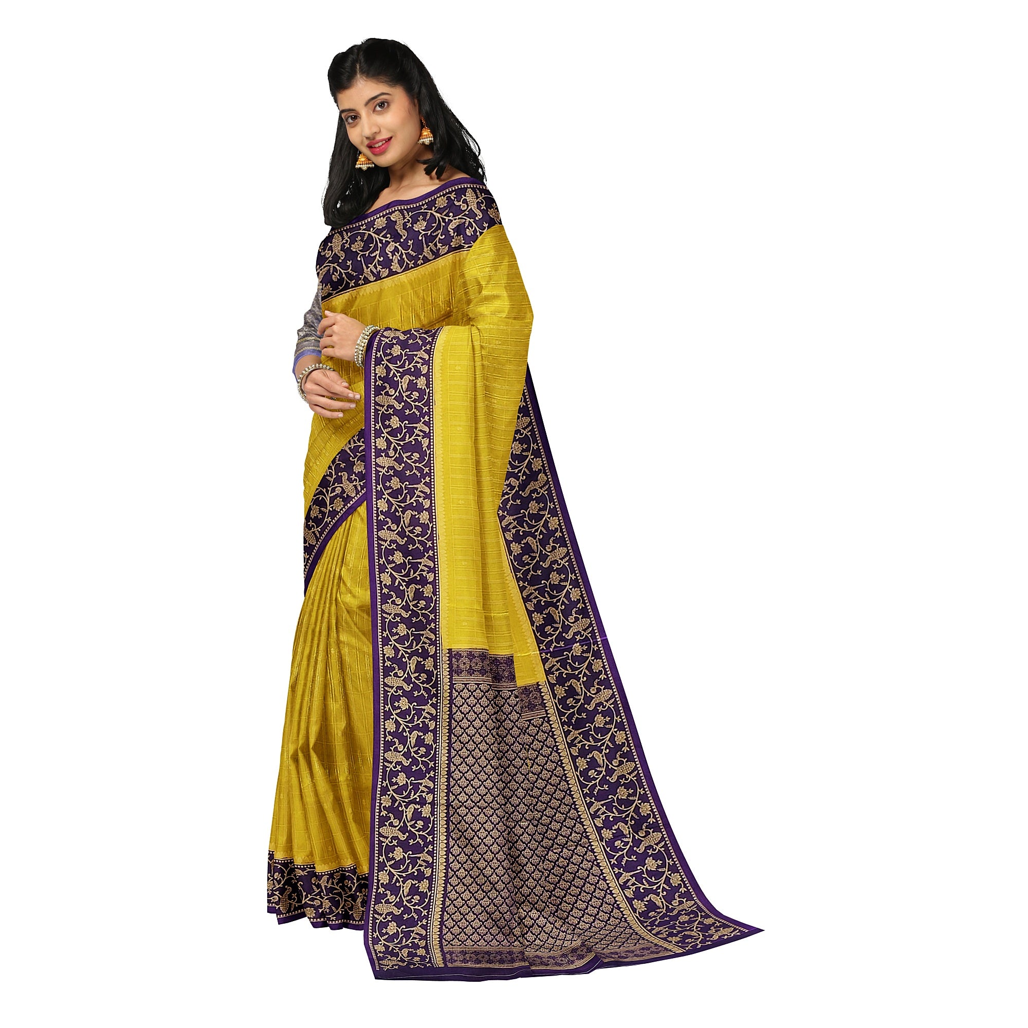 Lemon Green Georgette Saree – Purple Border – Shop Online