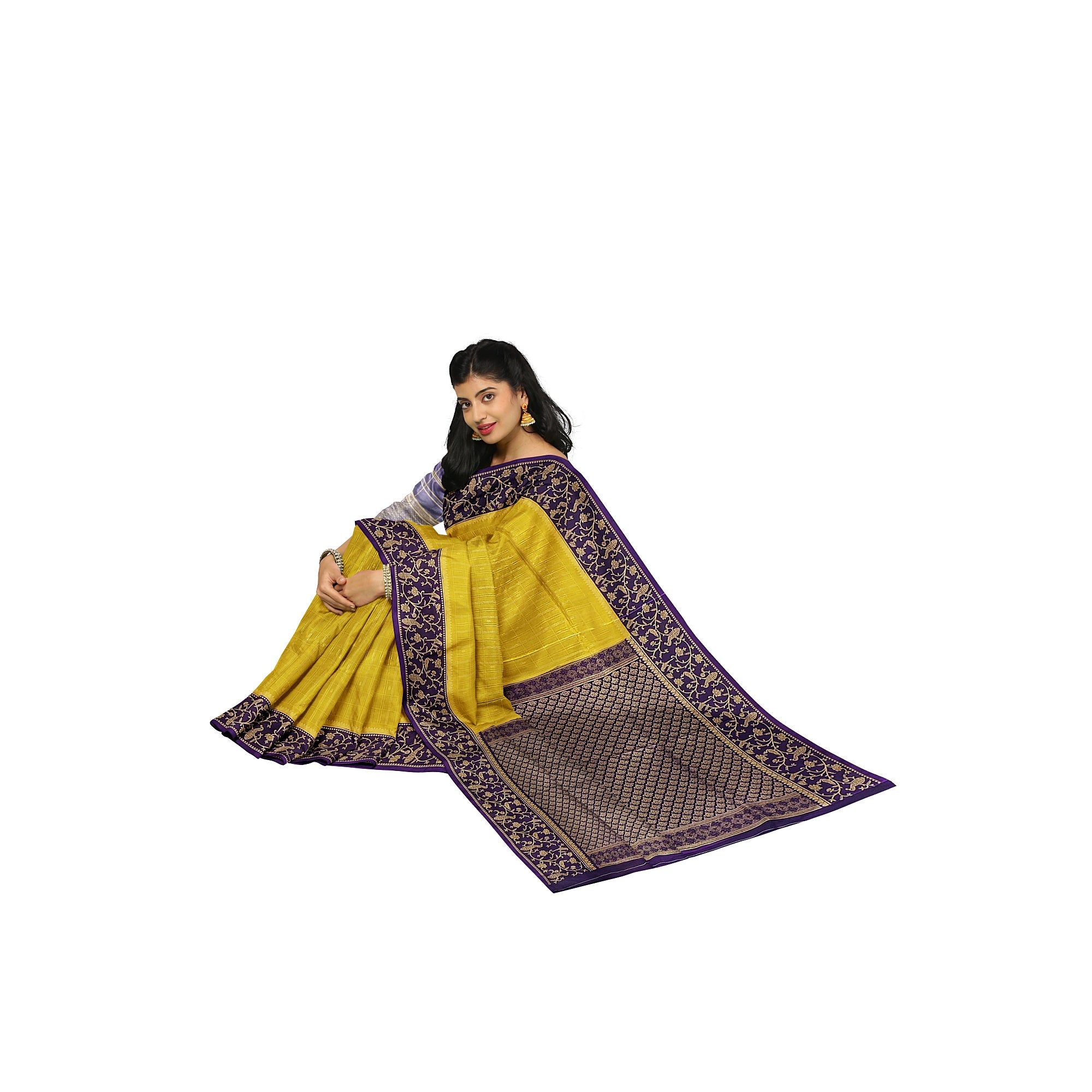 Lemon Green Georgette Saree – Purple Border – Shop Online