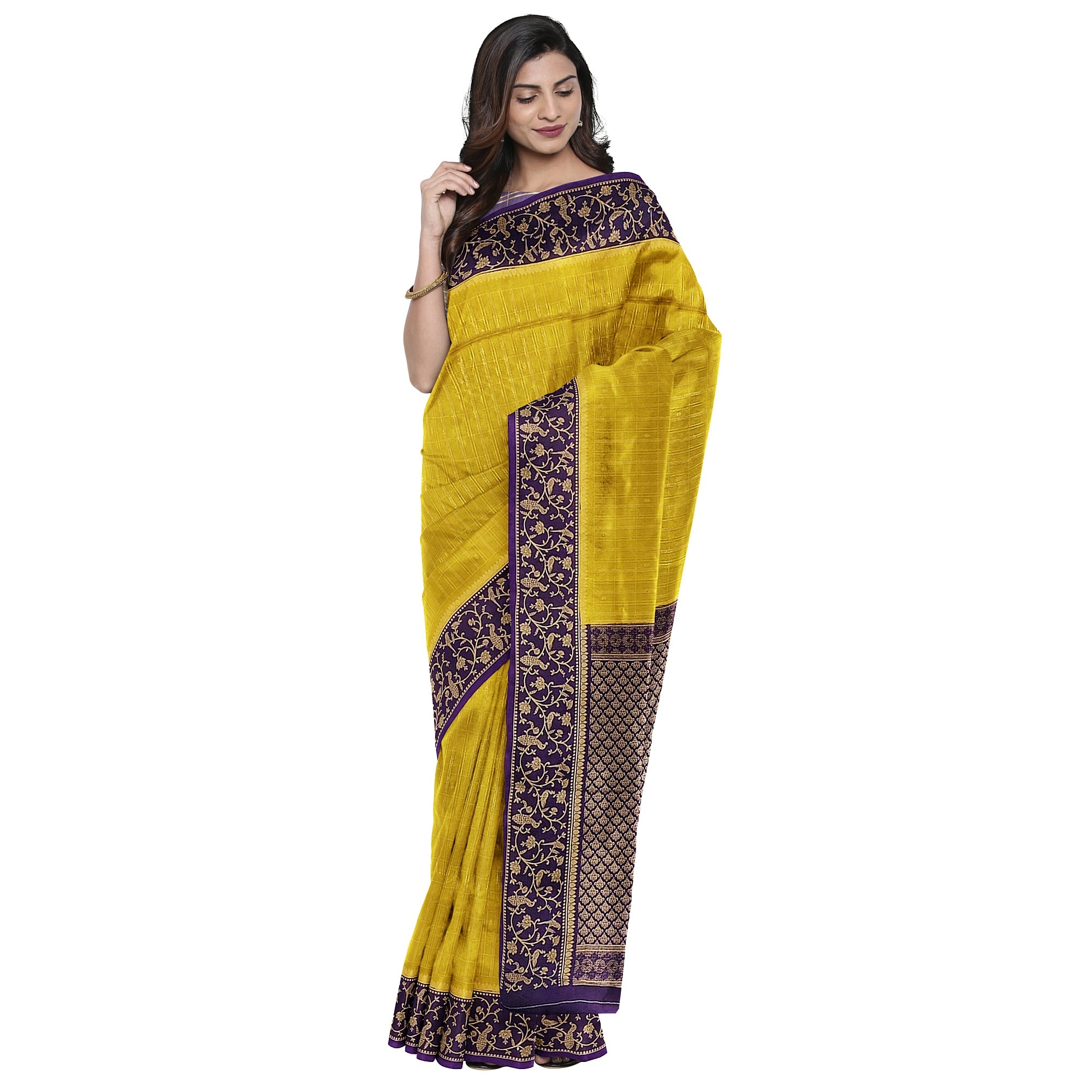 Lemon Green Georgette Saree – Purple Border – Shop Online