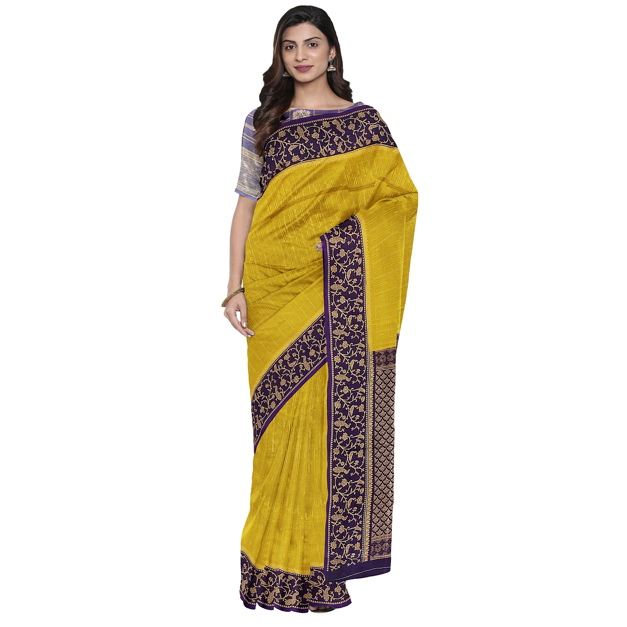Lemon Green Georgette Saree – Purple Border – Shop Online