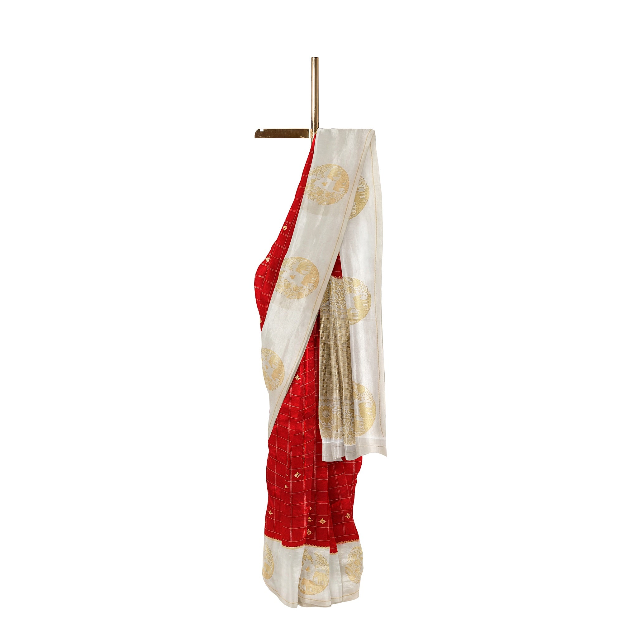 Red Georgette Saree – White Border with Elephant Butta – Shop Online
