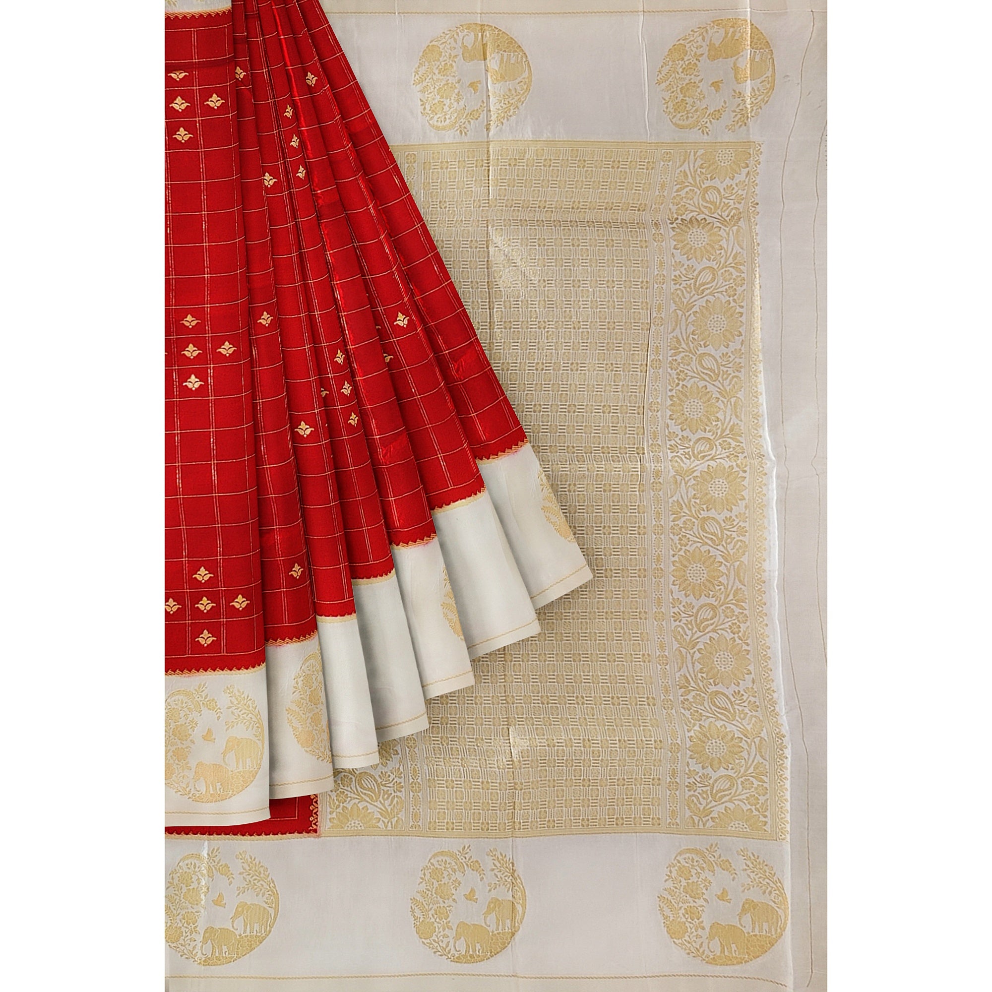 Red Georgette Saree – White Border with Elephant Butta – Shop Online