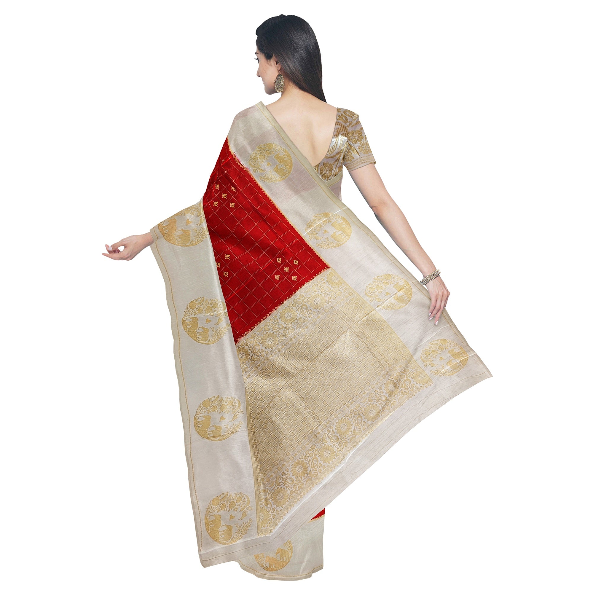Red Georgette Saree – White Border with Elephant Butta – Shop Online