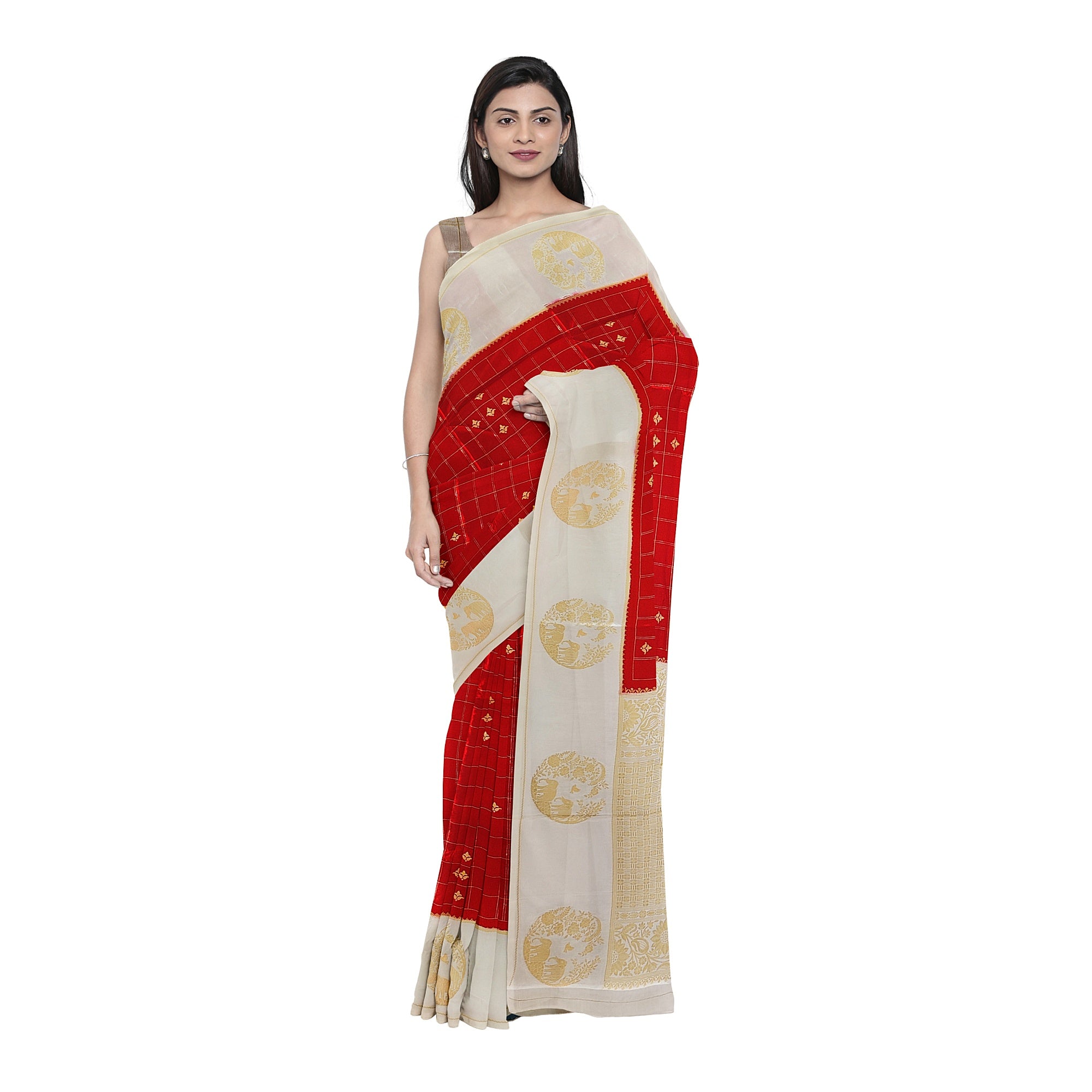 Red Georgette Saree – White Border with Elephant Butta – Shop Online